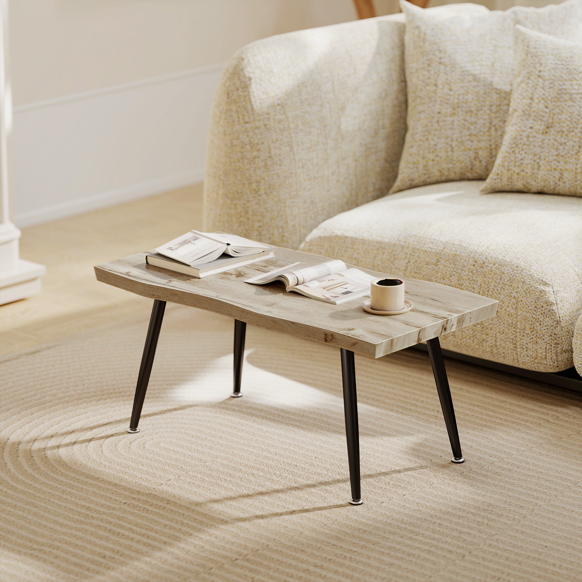 Coffee Table, Modern Accent Table with Steel Legs and 1.6" Thick Top for Living Room/Office/Bedroom, 39.4 x 19.7 x 17.7 in, Oak & Black