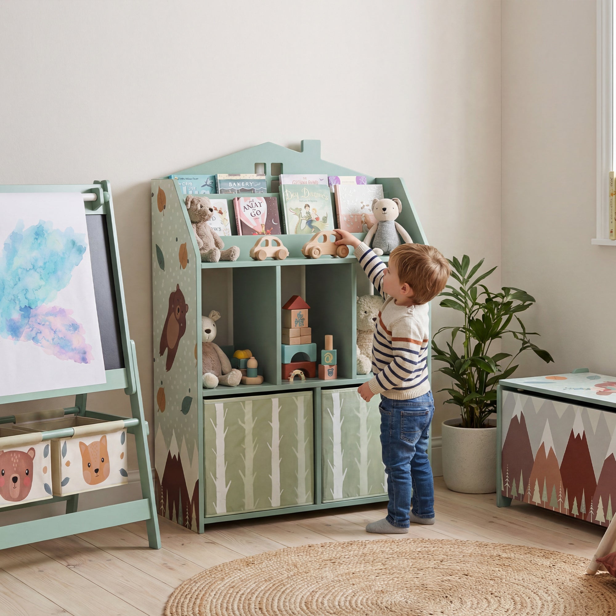 Children's Toy Shelf with Fabric Drawers, Open Shelves & Bear Design, Organizer for Bedroom, Playroom, Nursery — Green
