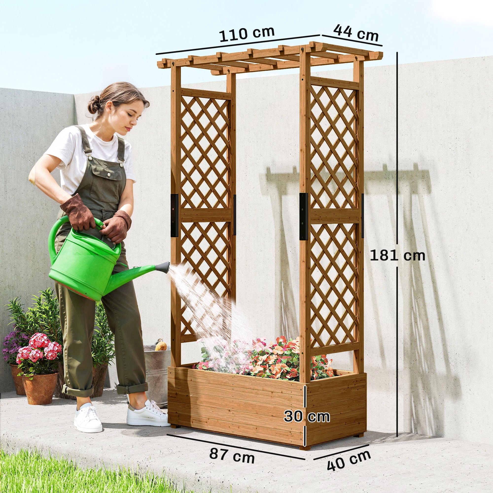 Raised Bed with Trellis & Hanging Roof — Wooden Planter Box with Climbing Support and Drainage Holes, for Garden & Balcony, 110 × 44 × 181 cm (43.3 × 17.3 × 71.3 in)