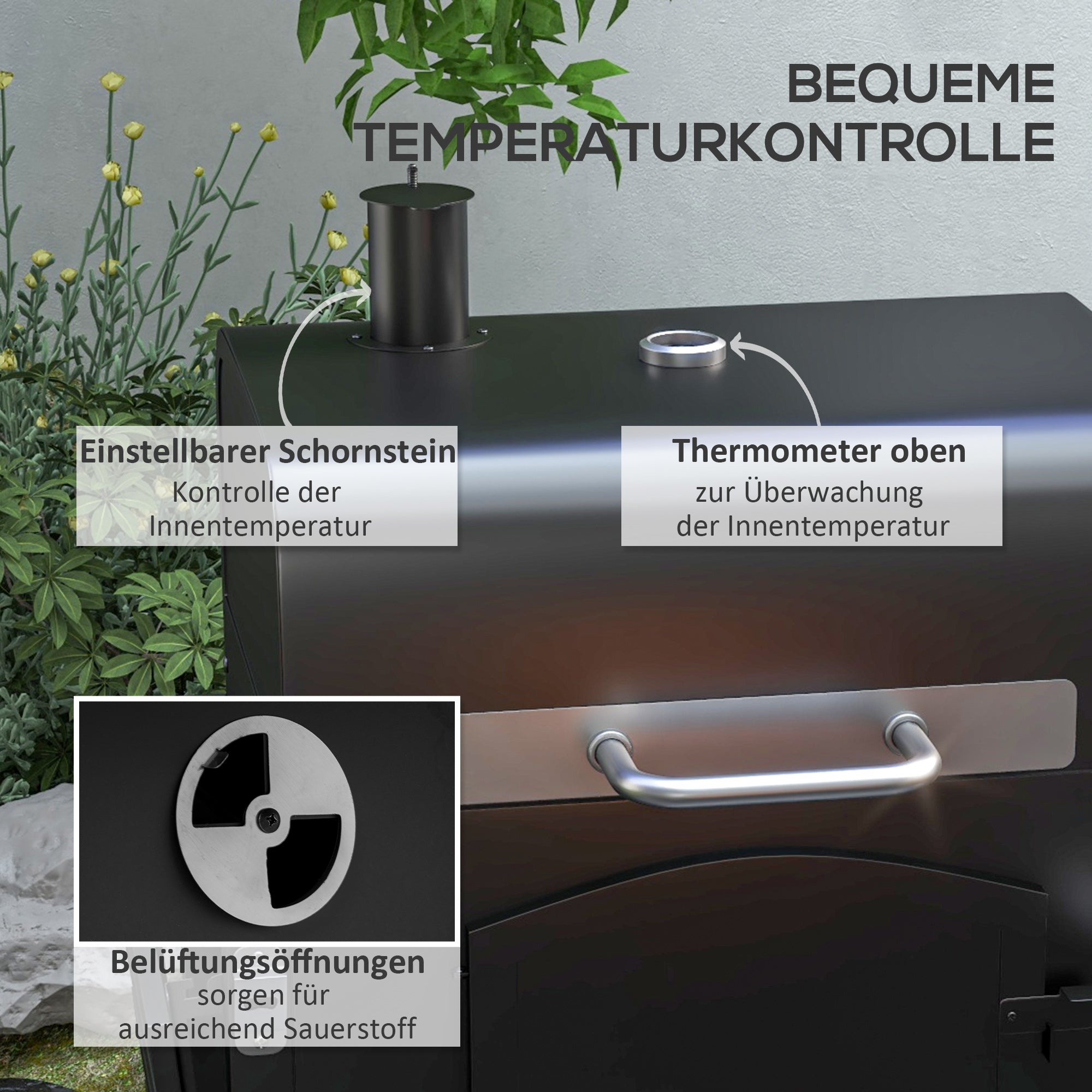 Charcoal Grill BBQ Garden Grill with Lid and Shelves, Camping Grill with Smoker, Warming Plate, Shelves, Garden Party, Transport Wheels, Metal, Black, 124 x 66 x 112 cm