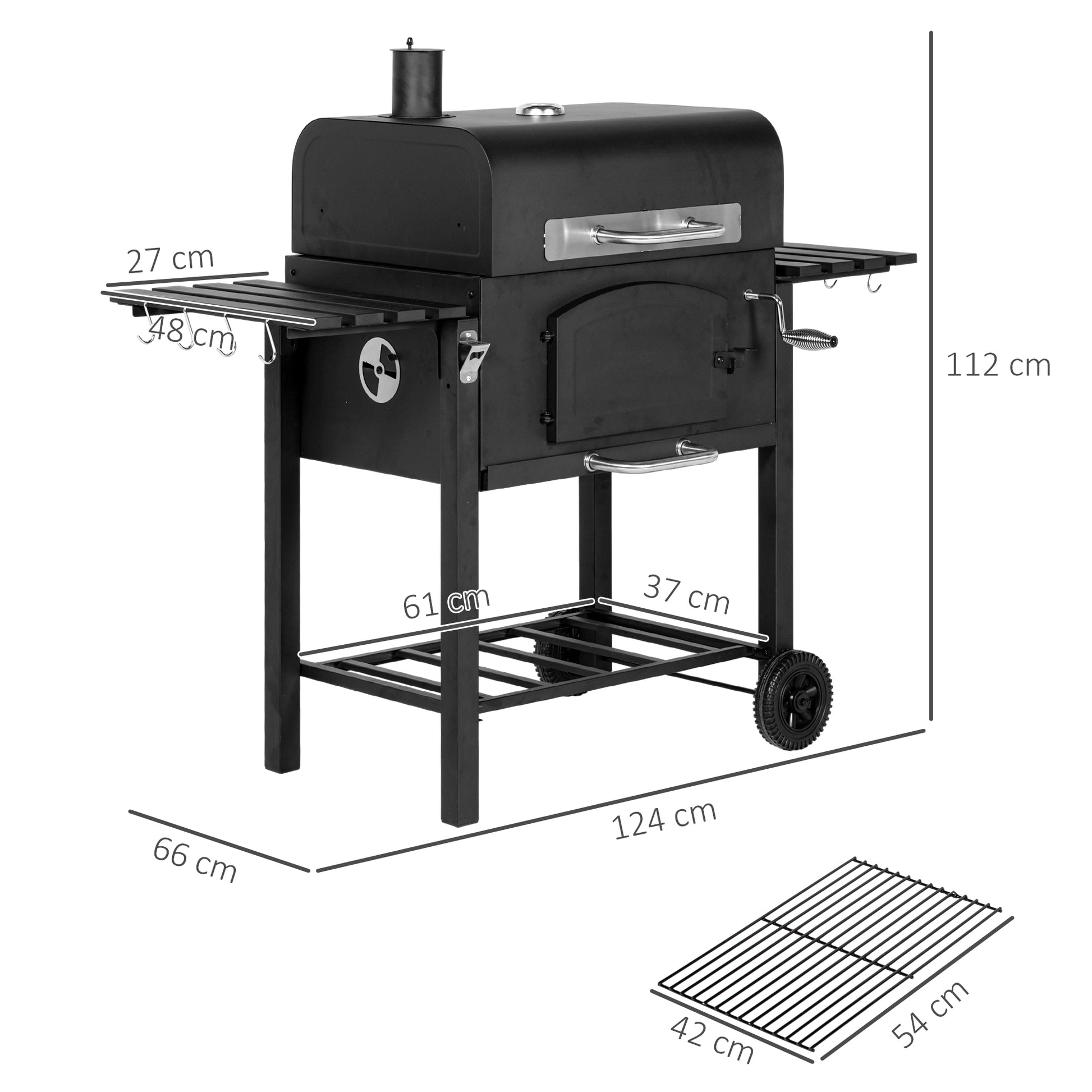 Charcoal Grill BBQ Garden Grill with Lid and Shelves, Camping Grill with Smoker, Warming Plate, Shelves, Garden Party, Transport Wheels, Metal, Black, 124 x 66 x 112 cm