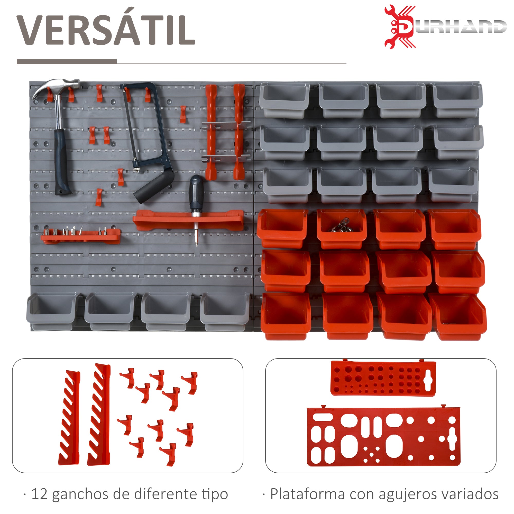 44-Piece Wall Tool Organizer 95x54 cm Tool Wall Shelf with 28 Stackable Boxes and Different Hooks in Gray and Red