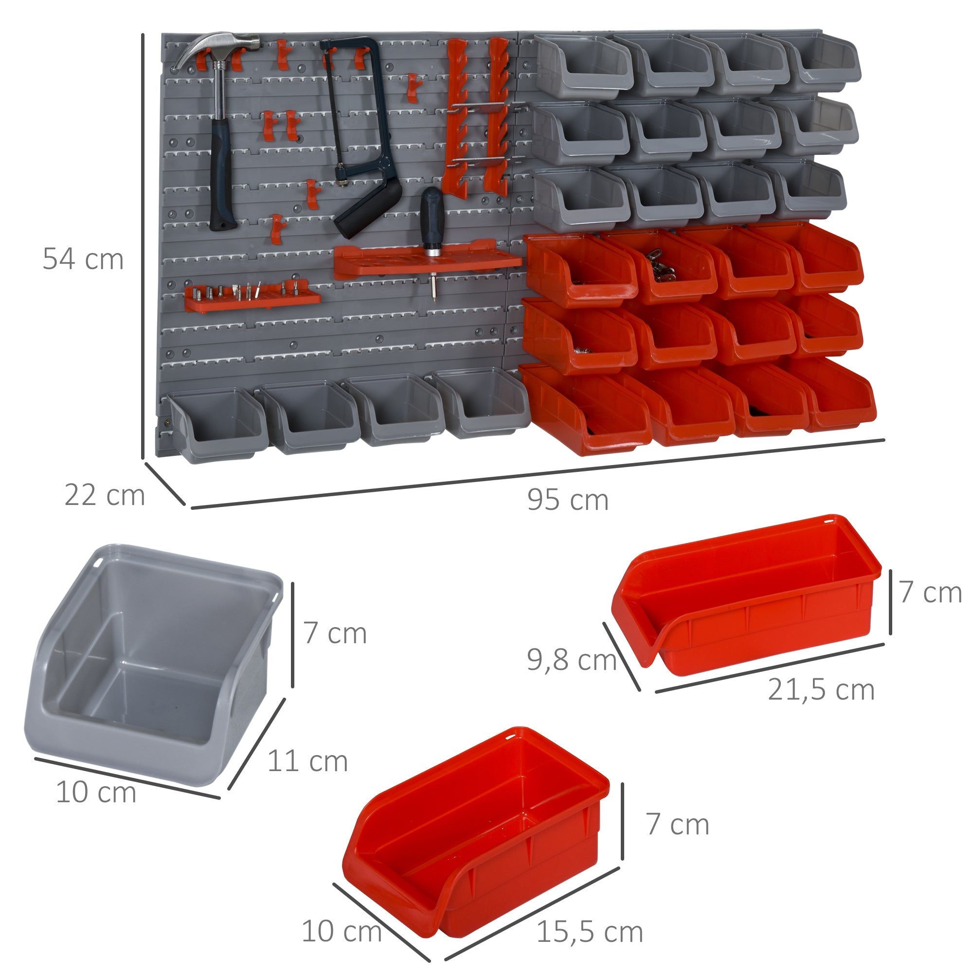 44-Piece Wall Tool Organizer 95x54 cm Tool Wall Shelf with 28 Stackable Boxes and Different Hooks in Gray and Red
