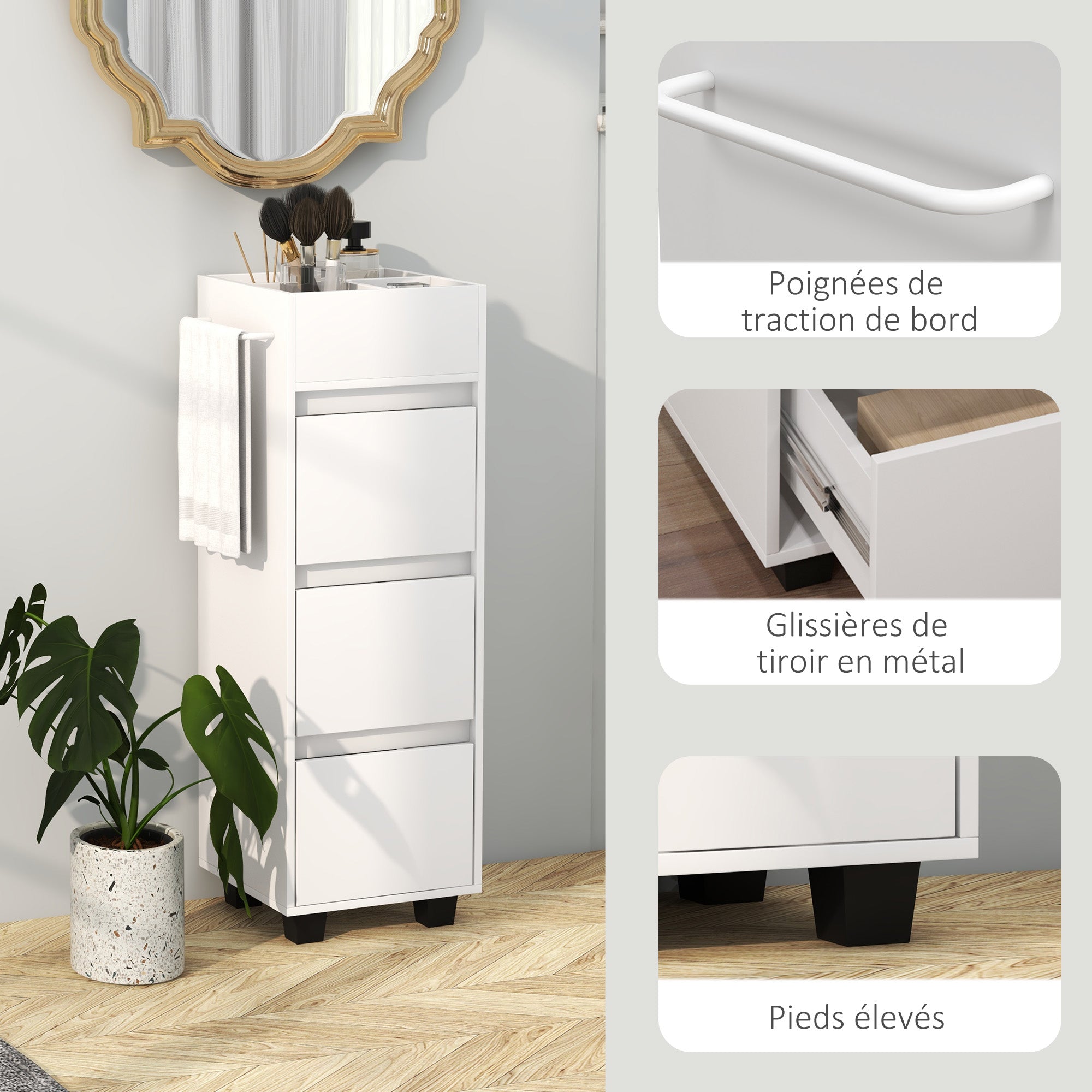 Bathroom Cabinet Storage Unit with 4 Compartments on Top, 3 Drawers and Towel Rack for Narrow Spaces, 35 x 30 x 90cm, White