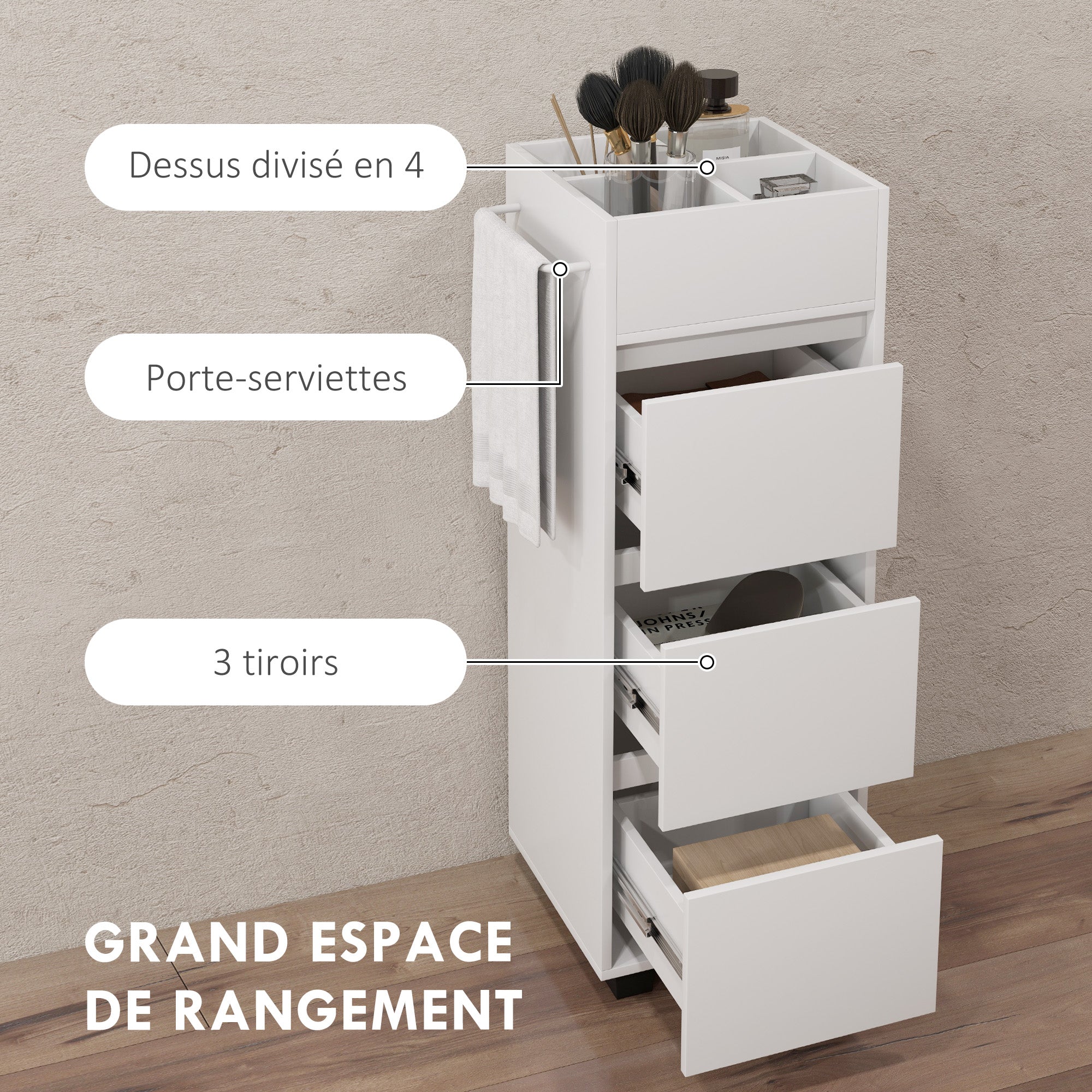 Bathroom Cabinet Storage Unit with 4 Compartments on Top, 3 Drawers and Towel Rack for Narrow Spaces, 35 x 30 x 90cm, White