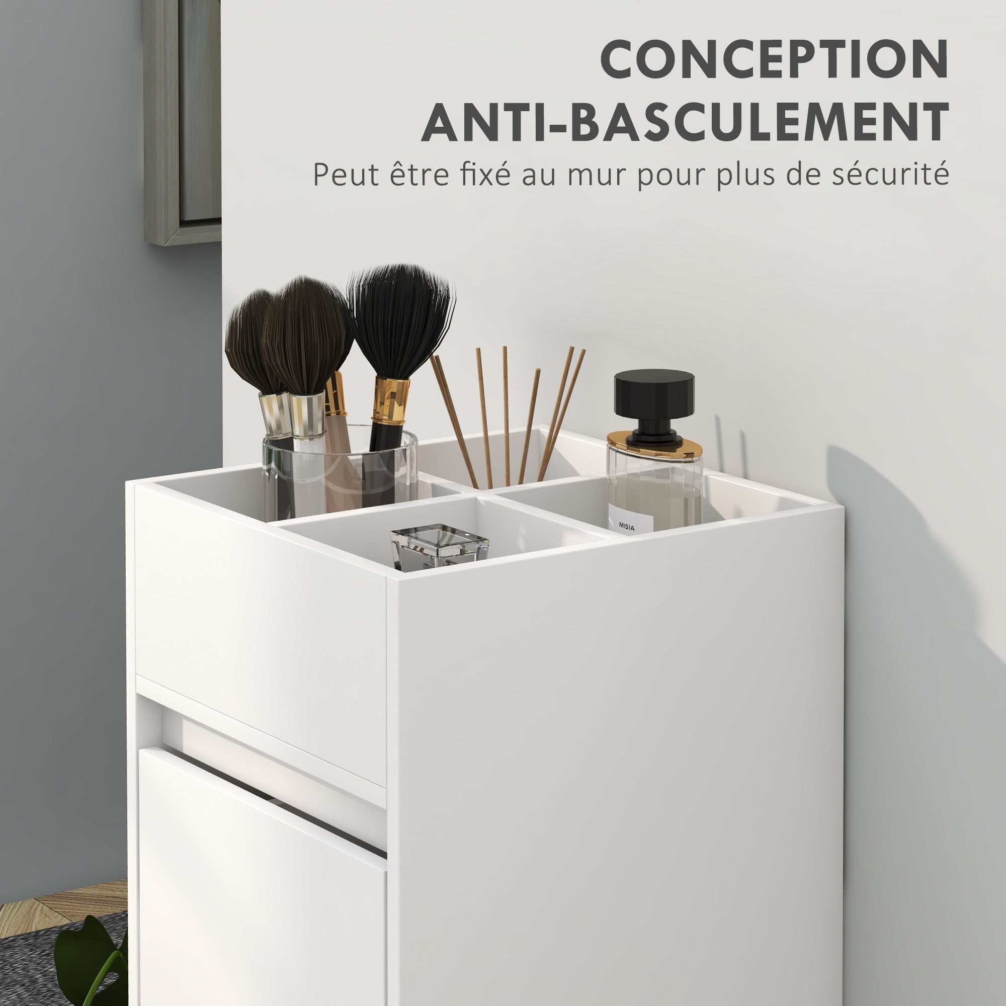 Bathroom Cabinet Storage Unit with 4 Compartments on Top, 3 Drawers and Towel Rack for Narrow Spaces, 35 x 30 x 90cm, White