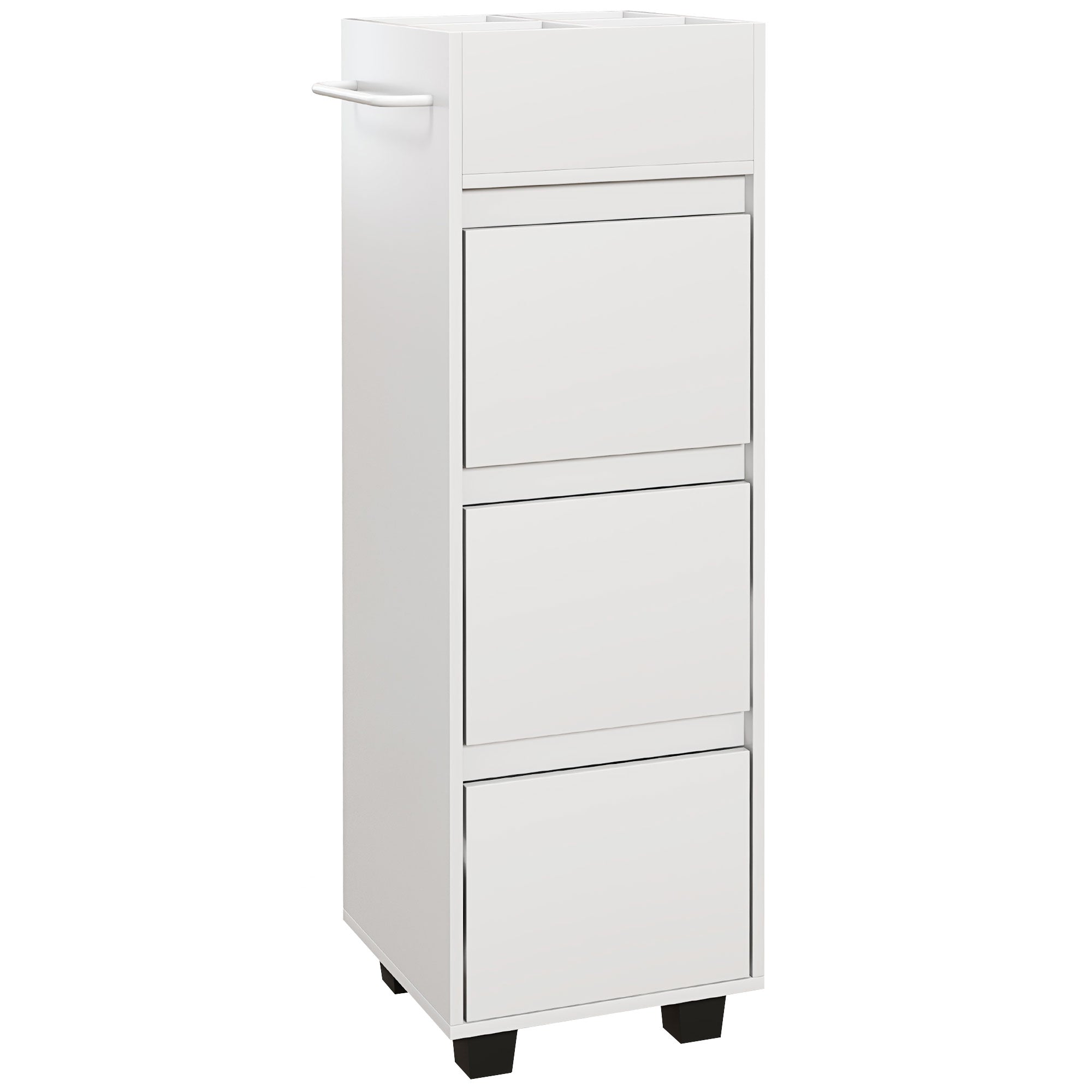 Bathroom Cabinet Storage Unit with 4 Compartments on Top, 3 Drawers and Towel Rack for Narrow Spaces, 35 x 30 x 90cm, White