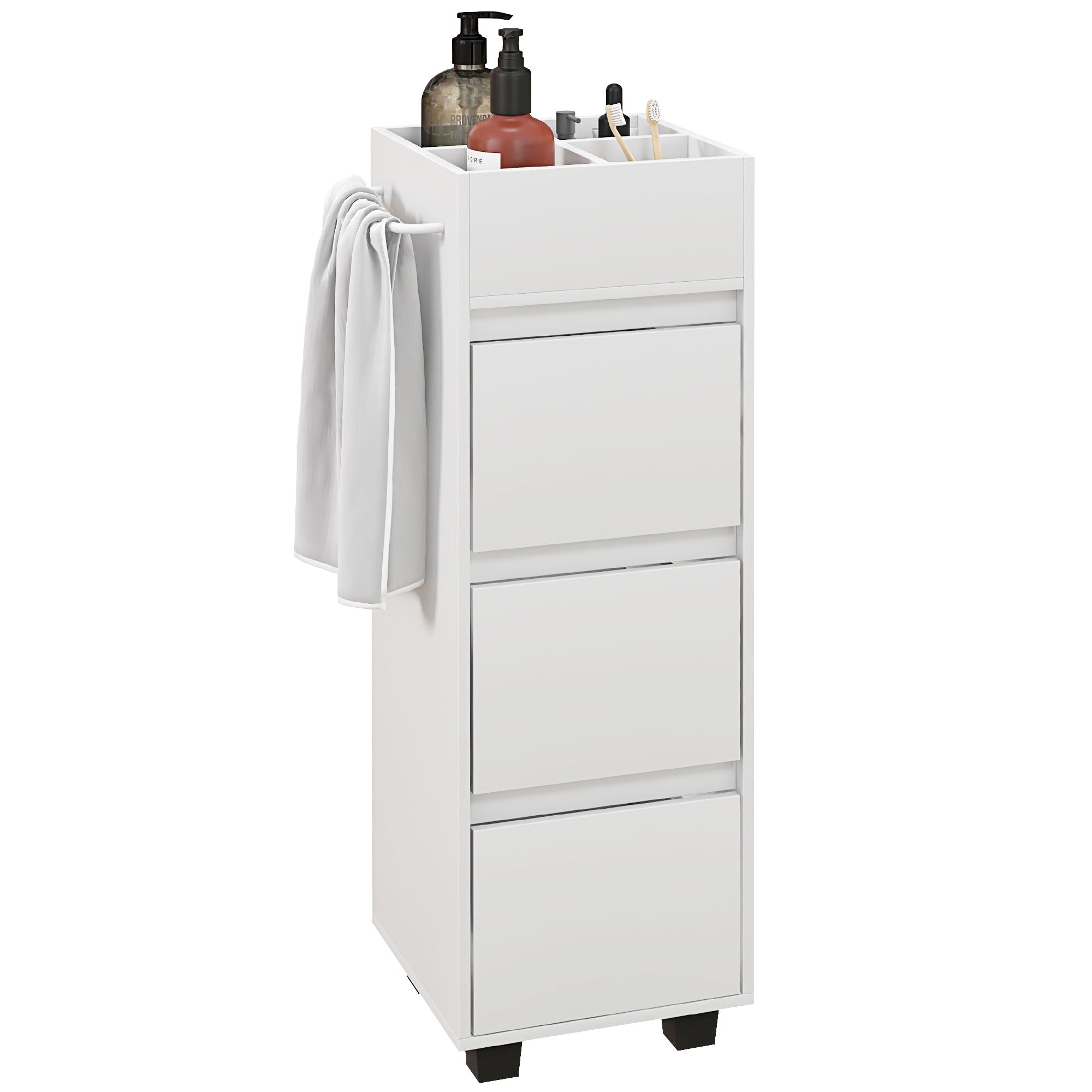 Bathroom Cabinet Storage Unit with 4 Compartments on Top, 3 Drawers and Towel Rack for Narrow Spaces, 35 x 30 x 90cm, White