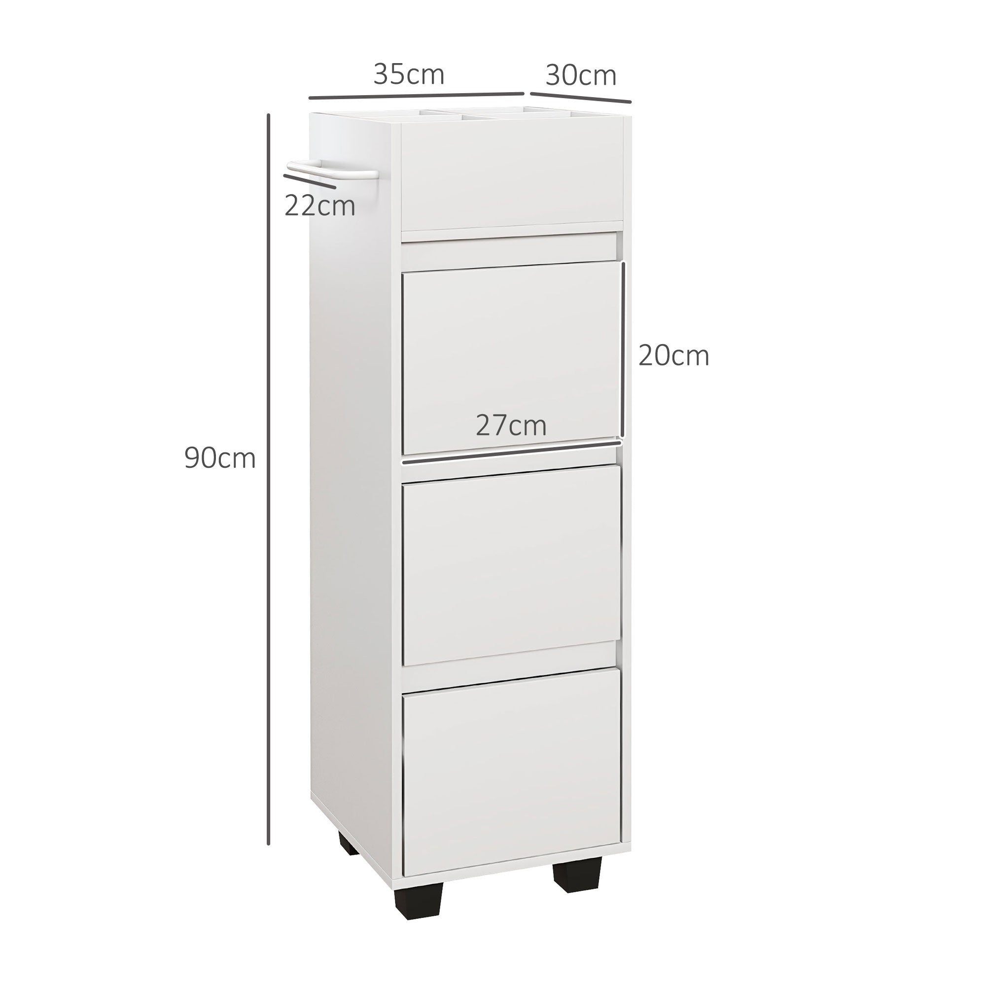 Bathroom Cabinet Storage Unit with 4 Compartments on Top, 3 Drawers and Towel Rack for Narrow Spaces, 35 x 30 x 90cm, White