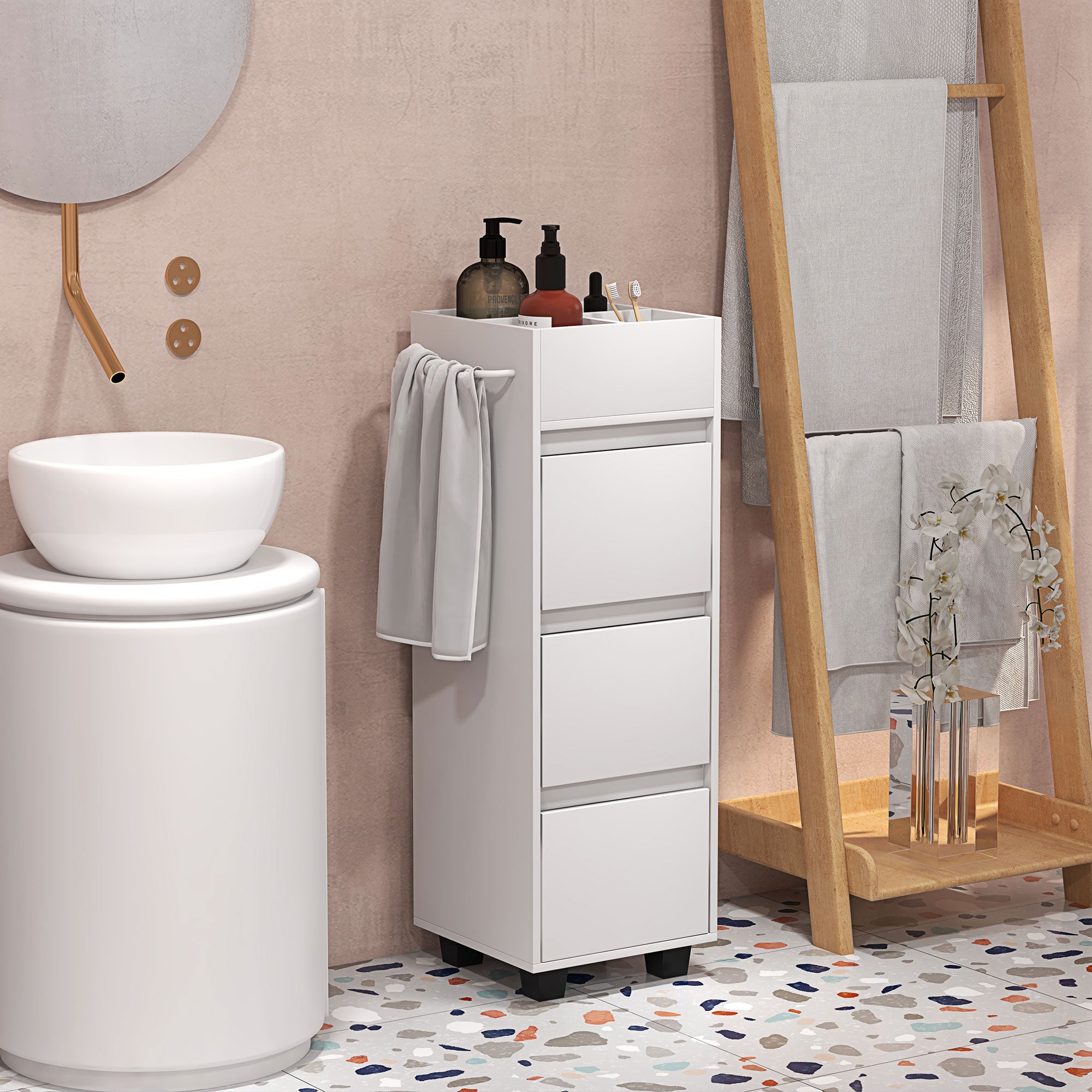 Bathroom Cabinet Storage Unit with 4 Compartments on Top, 3 Drawers and Towel Rack for Narrow Spaces, 35 x 30 x 90cm, White