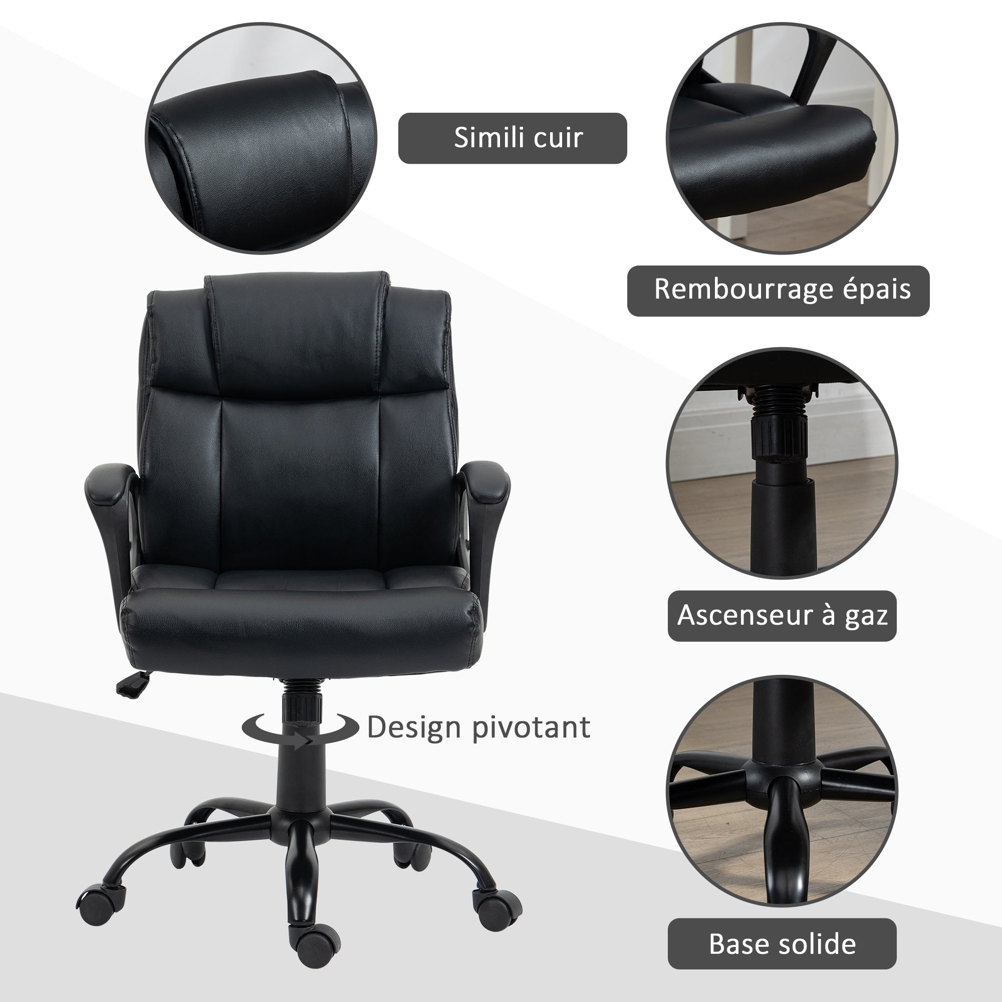 Ergonomic Office Chair, Adjustable Height, Synthetic Covering, Swivel Computer Chair, 120 kg Weight Capacity, Black