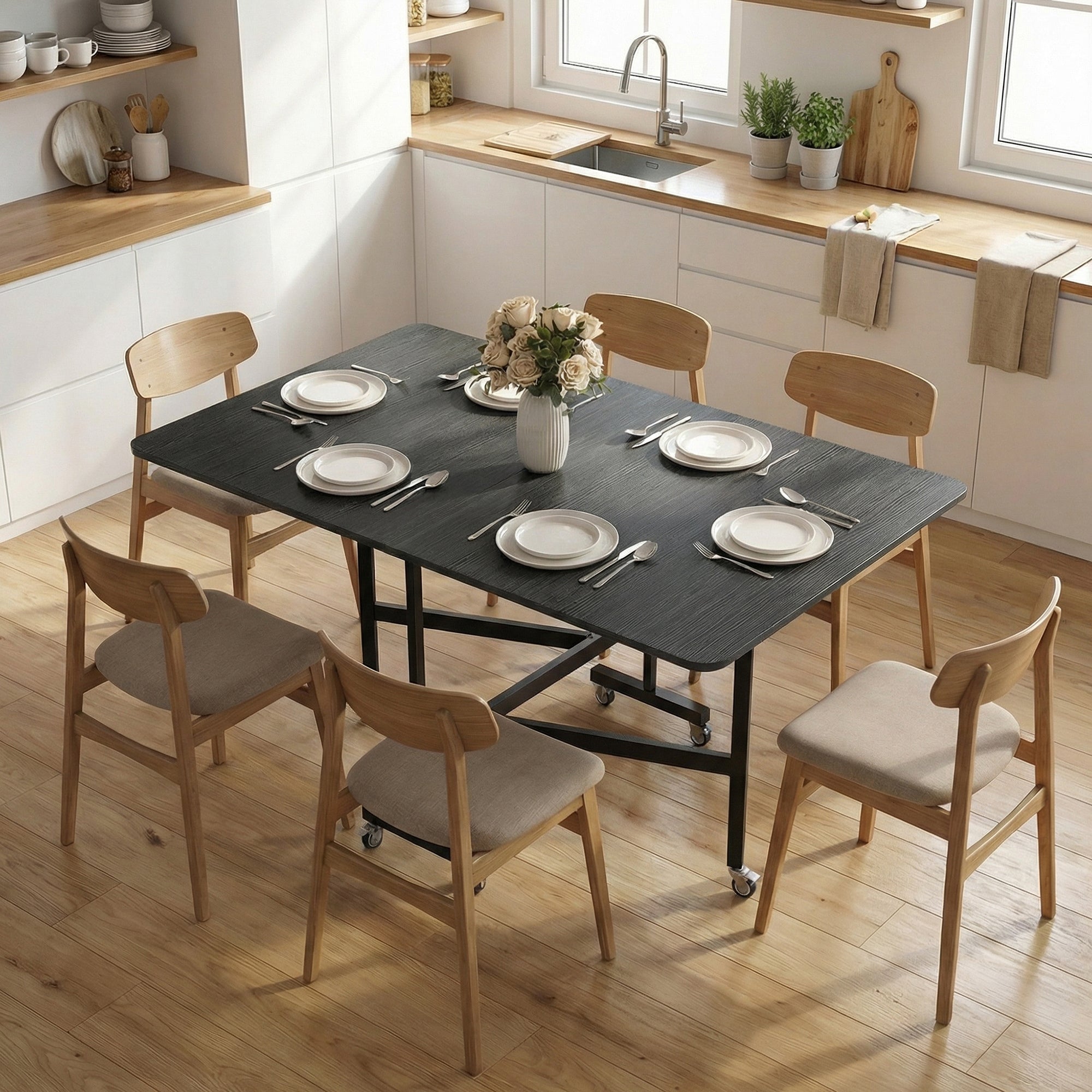 Folding Dining Table for 4–6 with Wheels & Drop Leaves, Black, 47.2×31.5×28.7 in