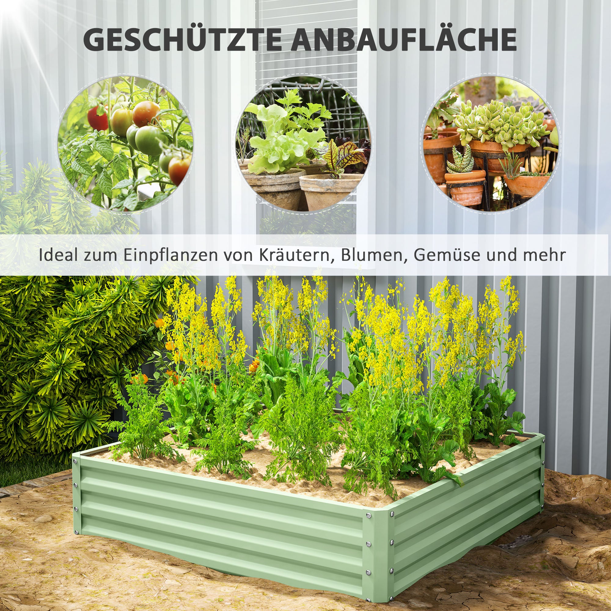 Raised Garden Bed, Planter Box, Vegetable Bed, Planting Box, Herb Bed for Garden, Patio, Balcony, Steel, Green, 120 x 120 x 30 cm