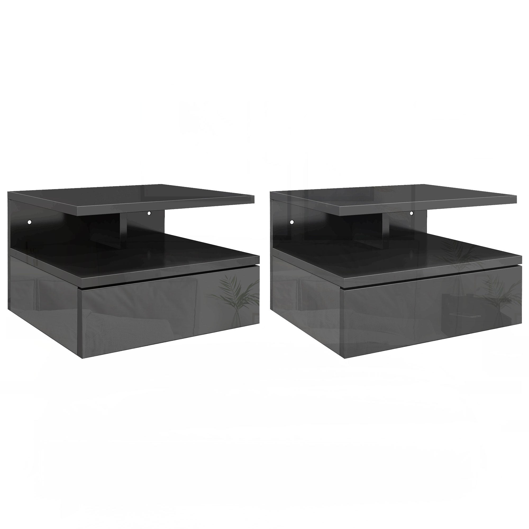 Set of 2 Wall-Mounted Bedside Tables, Modern Bedroom Bedside Tables, with Drawer and Upper Shelf in Wood, 35x32x22.5cm, Glossy Black