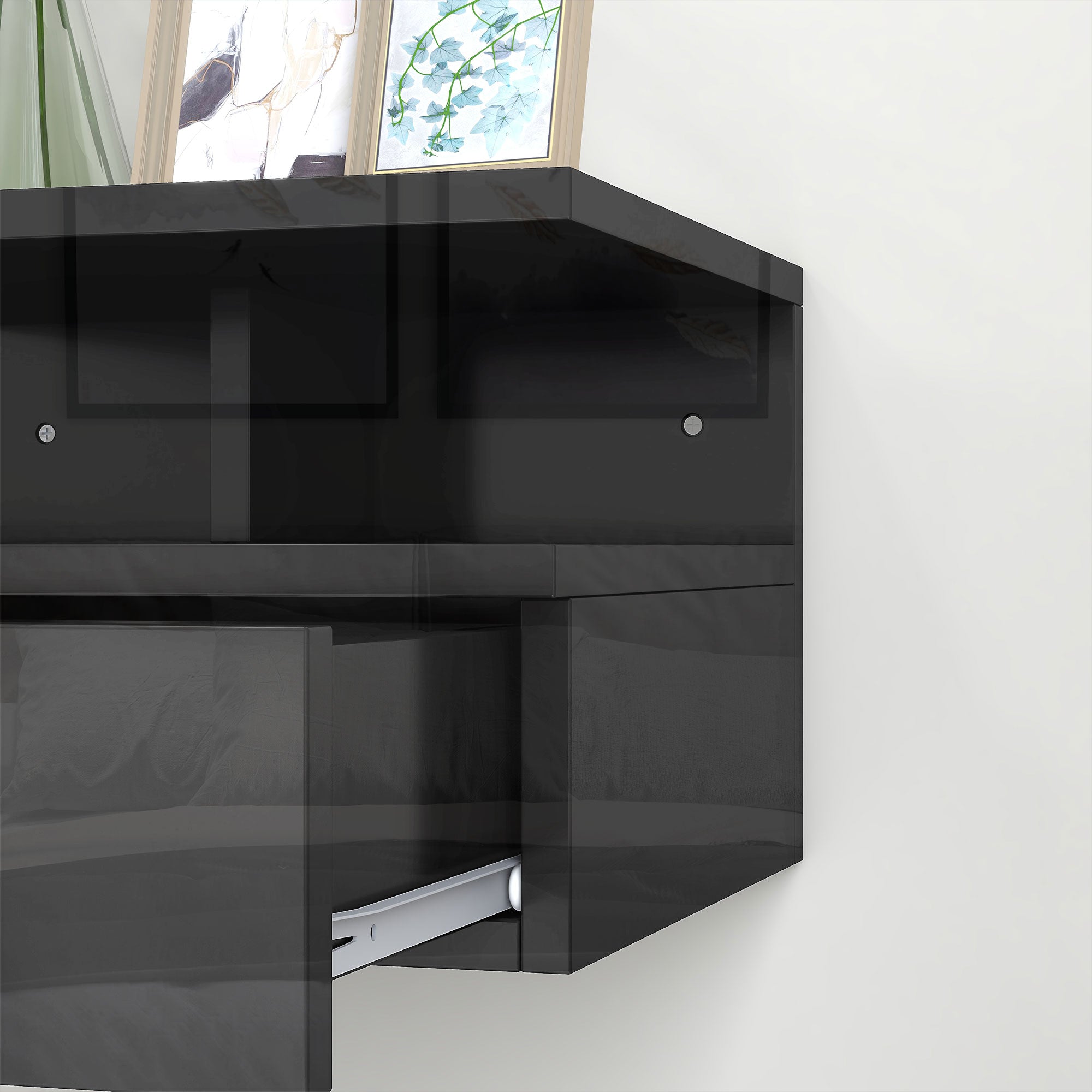 Set of 2 Wall-Mounted Bedside Tables, Modern Bedroom Bedside Tables, with Drawer and Upper Shelf in Wood, 35x32x22.5cm, Glossy Black