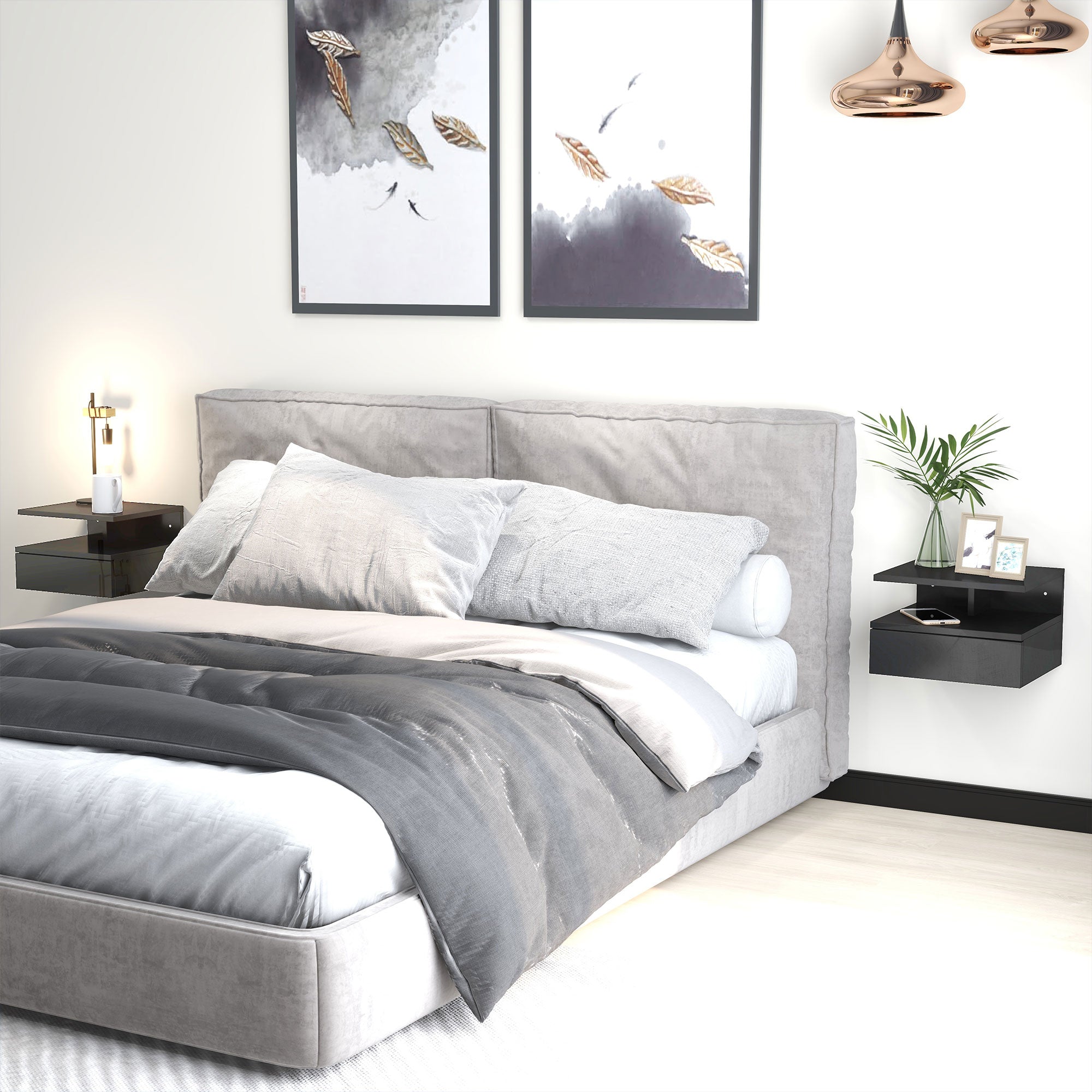 Set of 2 Wall-Mounted Bedside Tables, Modern Bedroom Bedside Tables, with Drawer and Upper Shelf in Wood, 35x32x22.5cm, Glossy Black