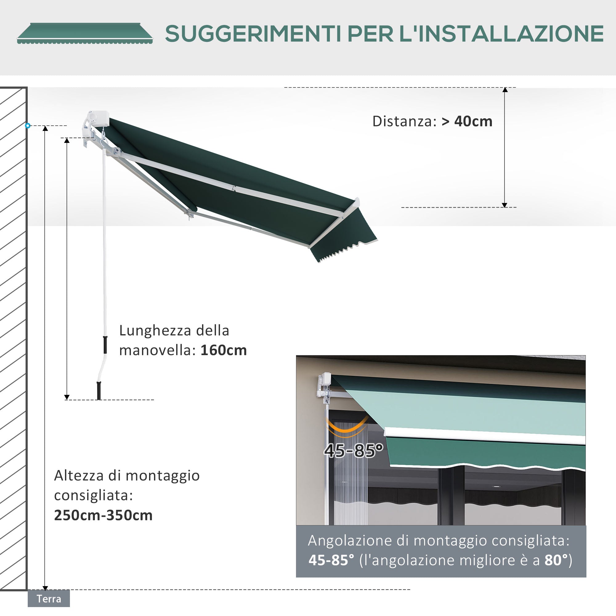 Retractable Awning 2.5x2m with Aluminum Frame and Polyester Fabric, 280 g/㎡, UV50+, Green