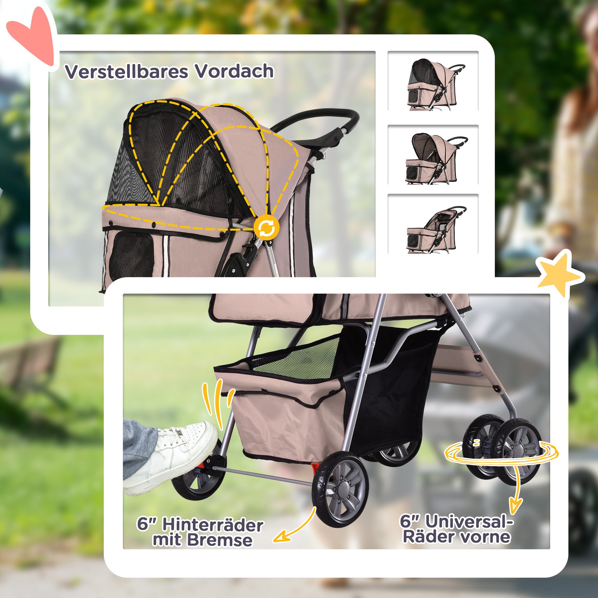 Pet Stroller, Foldable Dog Buggy for Small Dogs and Miniature Dogs, Cat Stroller with Storage Basket, Cup Holder, Mesh Windows, Oxford Pet Cart, Coffee Brown
