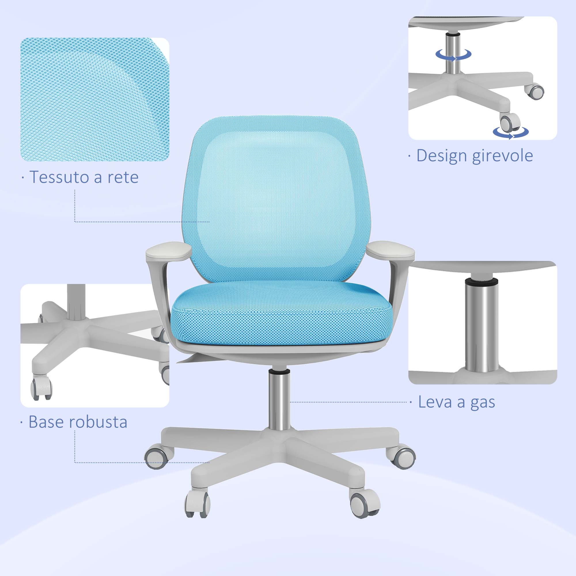 Ergonomic Chair in Breathable Fabric with 5 Wheels, Adjustable Office Chair, 55x48x82.5-94.5 cm, Blue