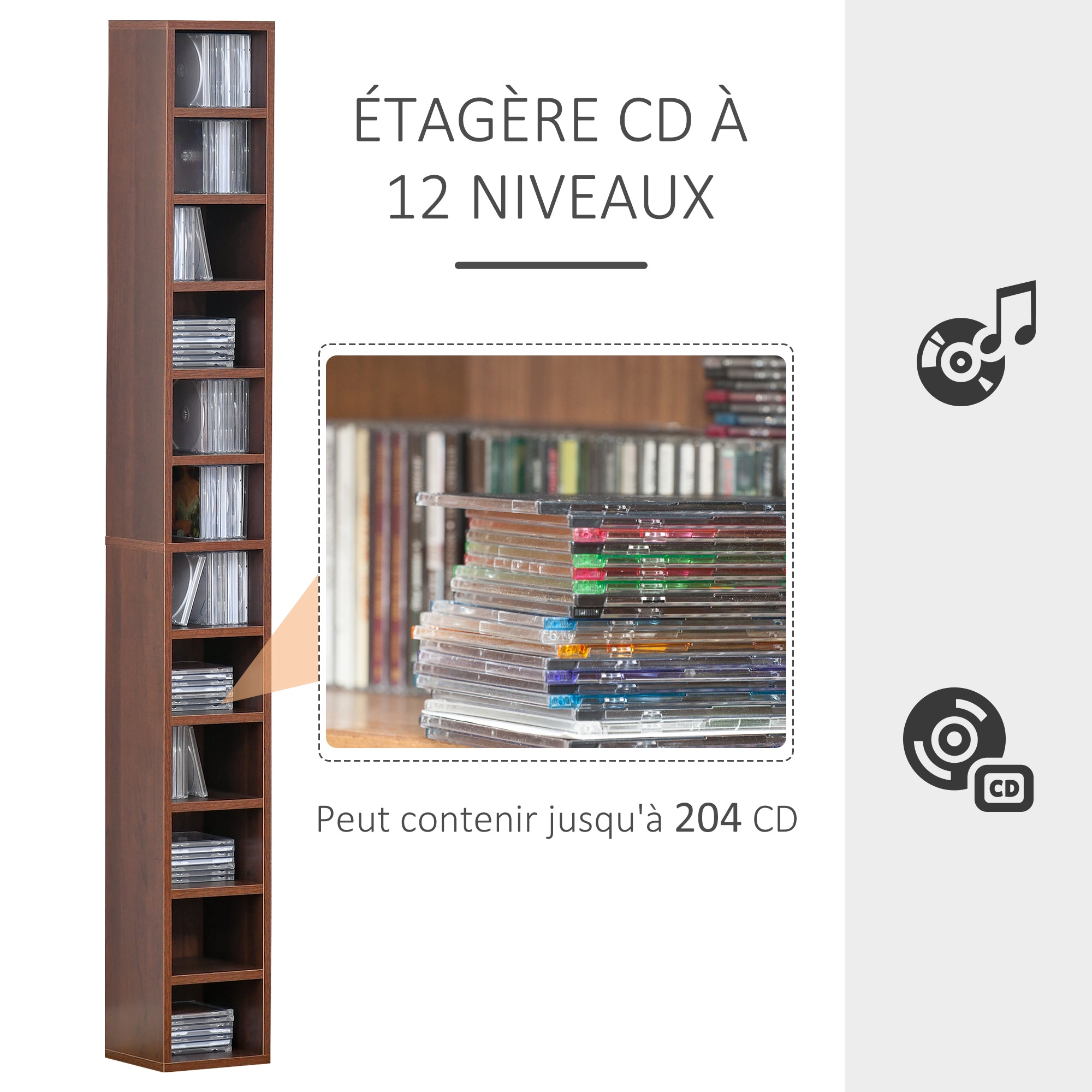 CD and DVD Storage, column storage shelf, storage unit with 12 compartments, max capacity 204 CD, 21 x 20 x 175 cm, brown