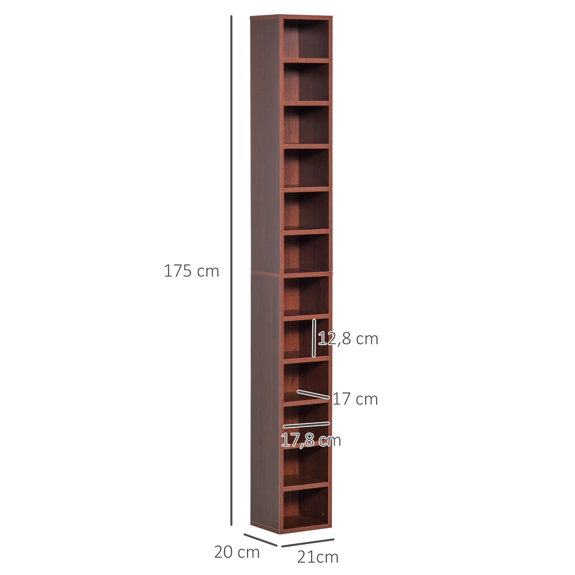CD and DVD Storage, column storage shelf, storage unit with 12 compartments, max capacity 204 CD, 21 x 20 x 175 cm, brown