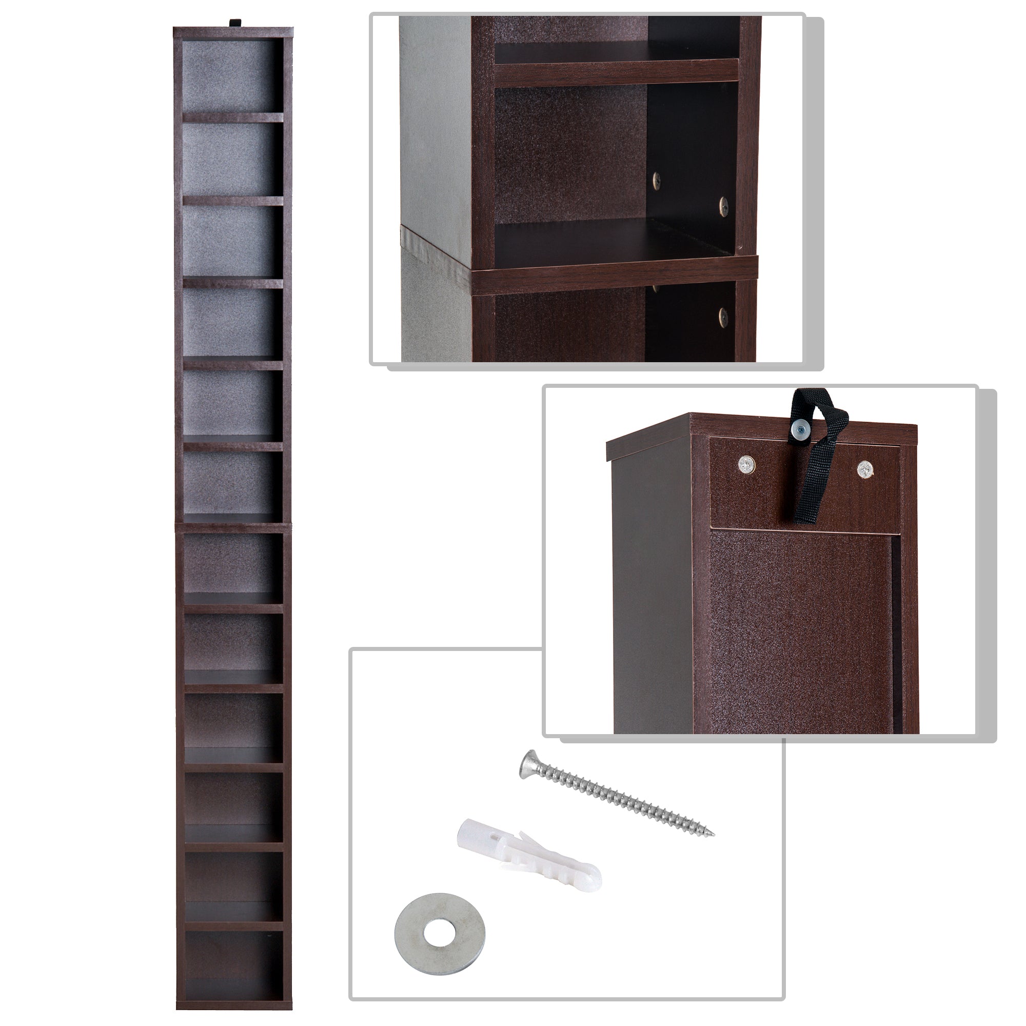 CD and DVD Storage, column storage shelf, storage unit with 12 compartments, max capacity 204 CD, 21 x 20 x 175 cm, brown