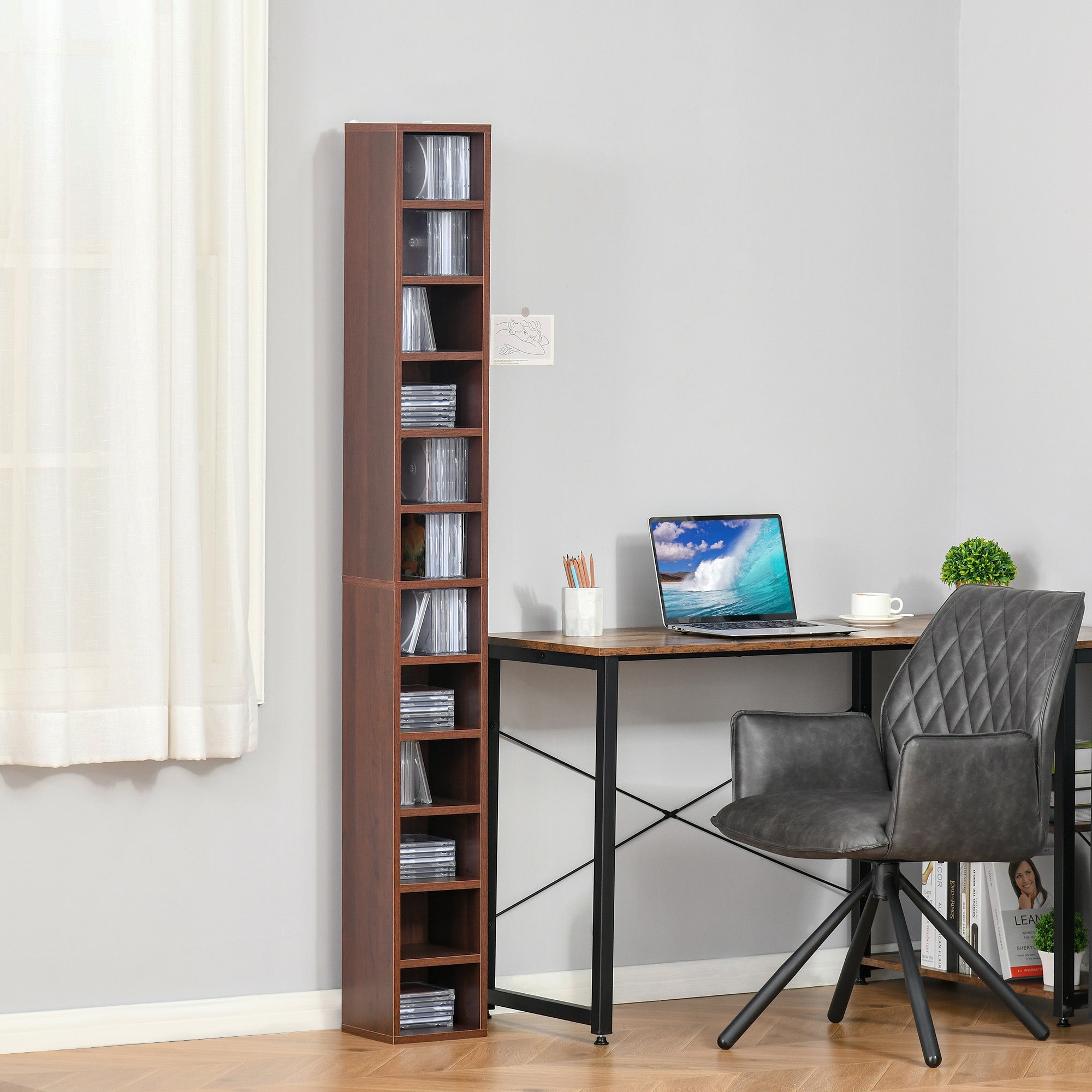 CD and DVD Storage, column storage shelf, storage unit with 12 compartments, max capacity 204 CD, 21 x 20 x 175 cm, brown