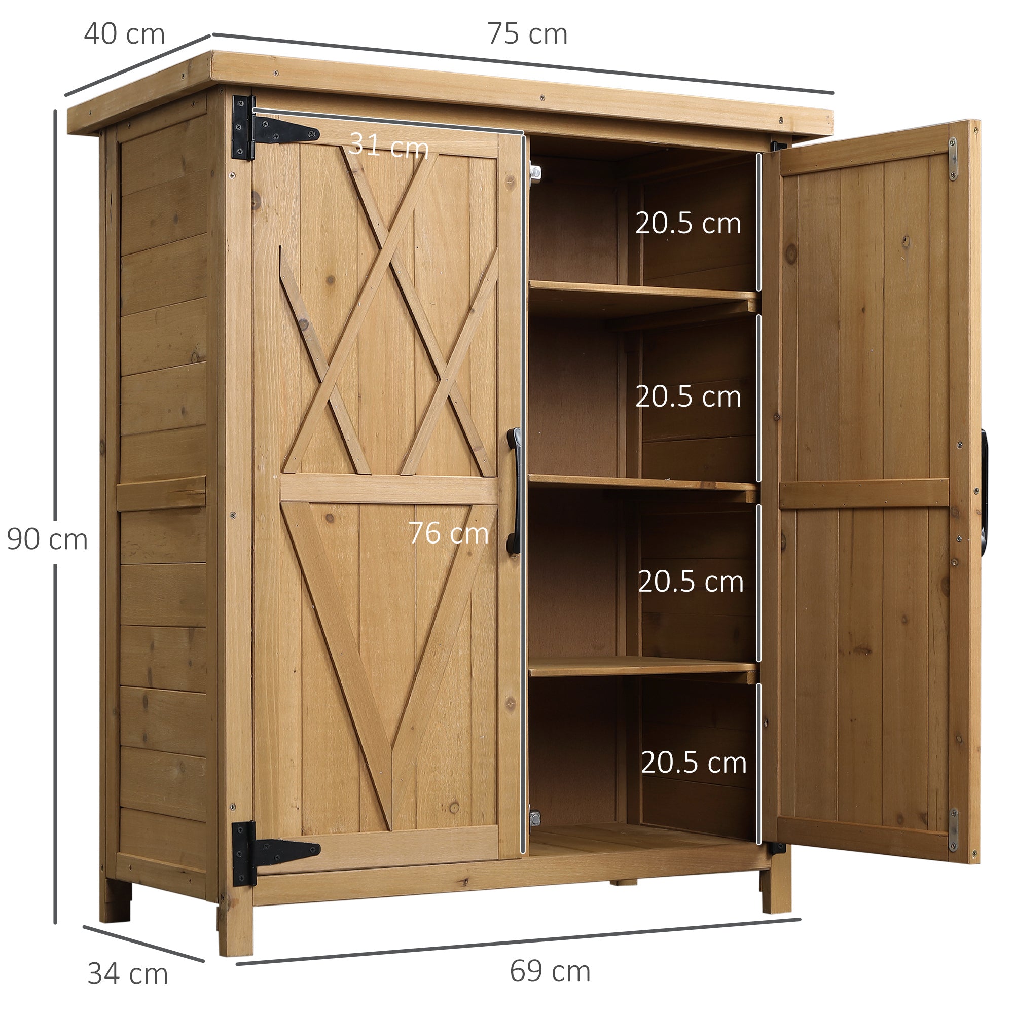 Outdoor Wooden Storage Cabinet 0.24 m² 75x40x90 cm Garden Shed with 2 Doors 4 Shelves and Galvanized Roof for Tool Storage Natural