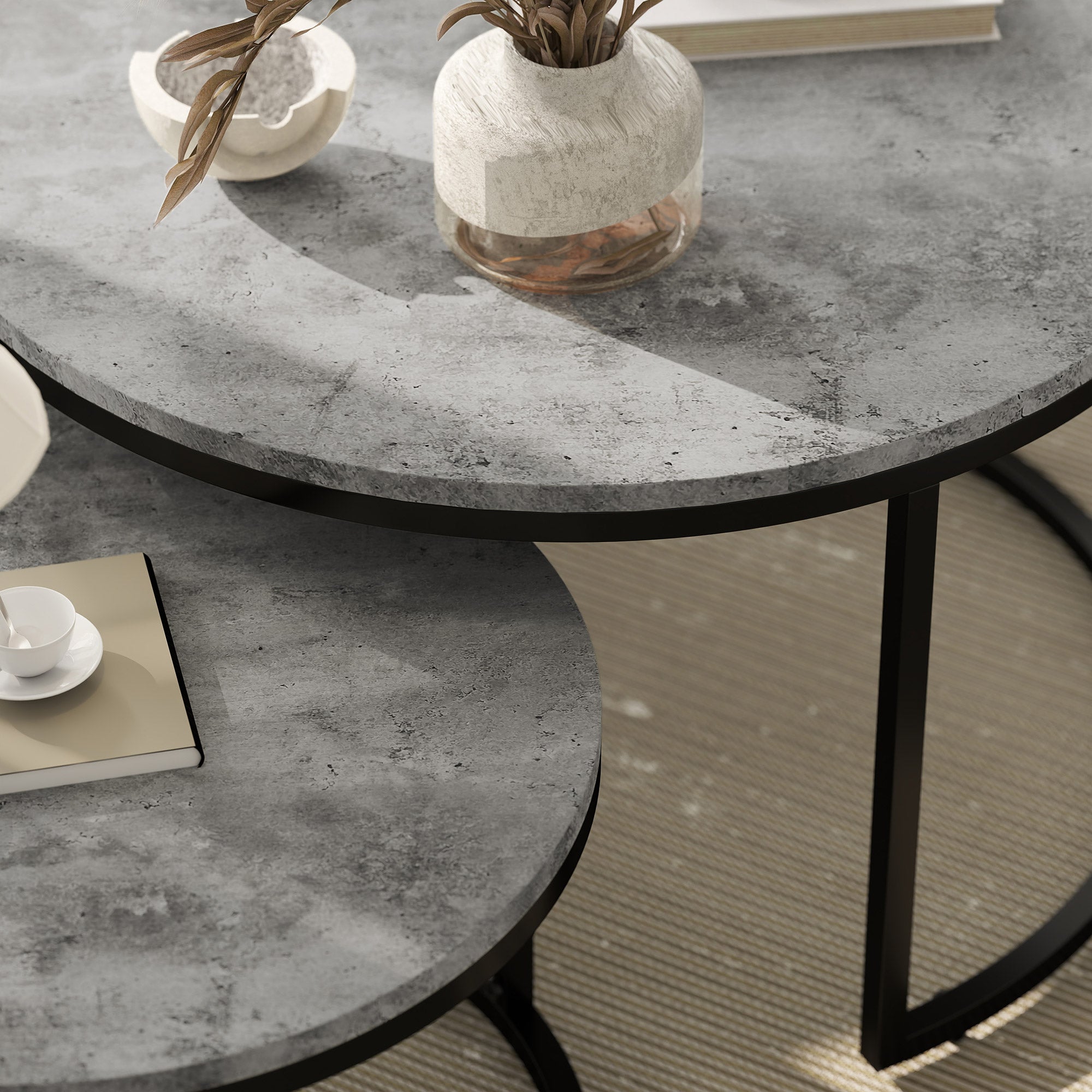 Round Coffee Table 2-Piece Set Stackable Side Table with Metal Frame, Living Room Table with Marble Look Coffee Table for Living Room Bedroom 78.5 x 78.5 x 46.5 cm Gray