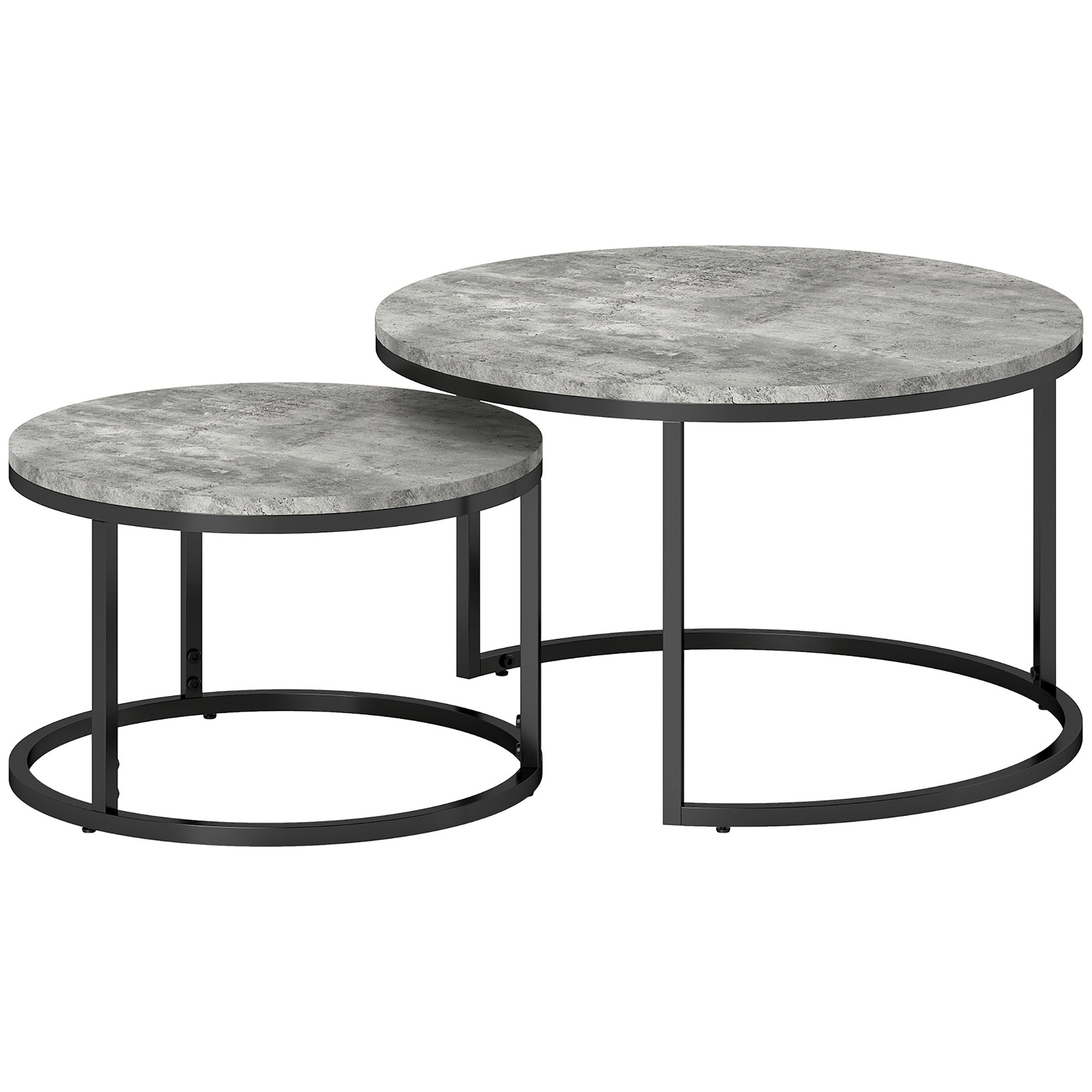 Round Coffee Table 2-Piece Set Stackable Side Table with Metal Frame, Living Room Table with Marble Look Coffee Table for Living Room Bedroom 78.5 x 78.5 x 46.5 cm Gray