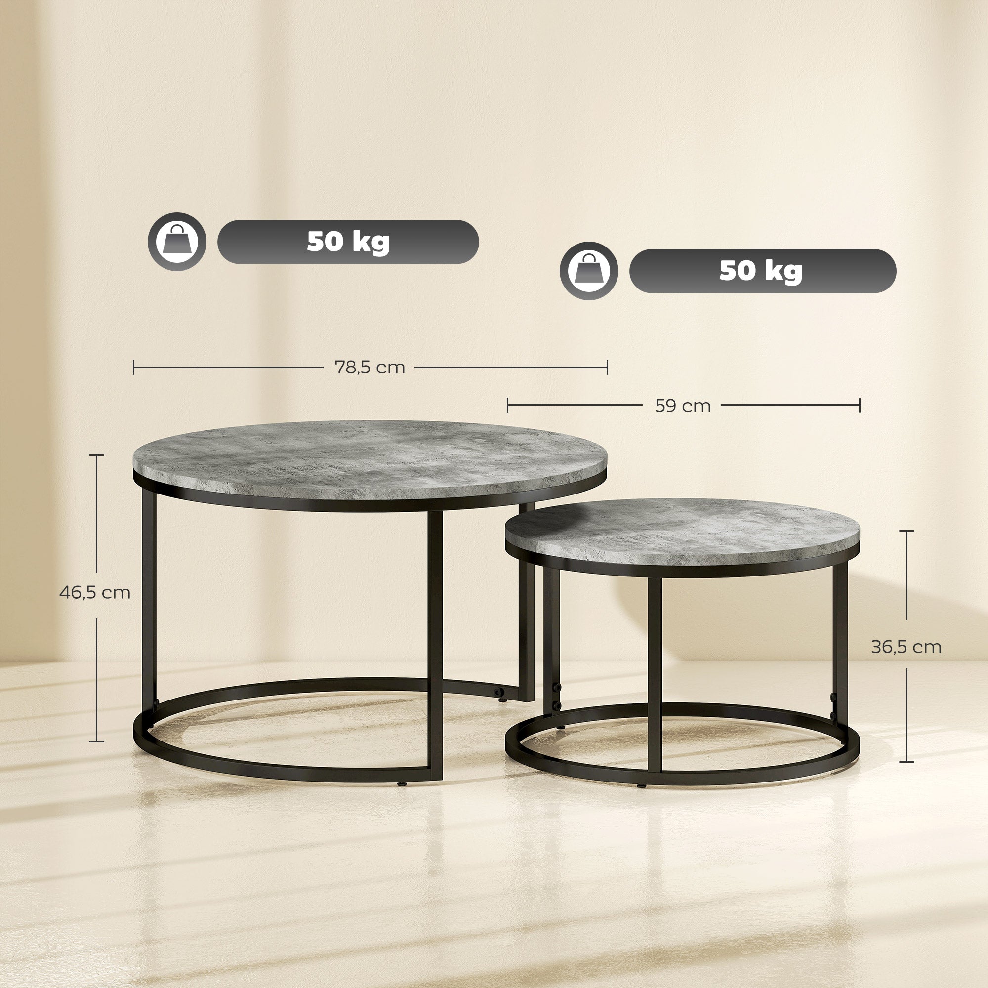 Round Coffee Table 2-Piece Set Stackable Side Table with Metal Frame, Living Room Table with Marble Look Coffee Table for Living Room Bedroom 78.5 x 78.5 x 46.5 cm Gray