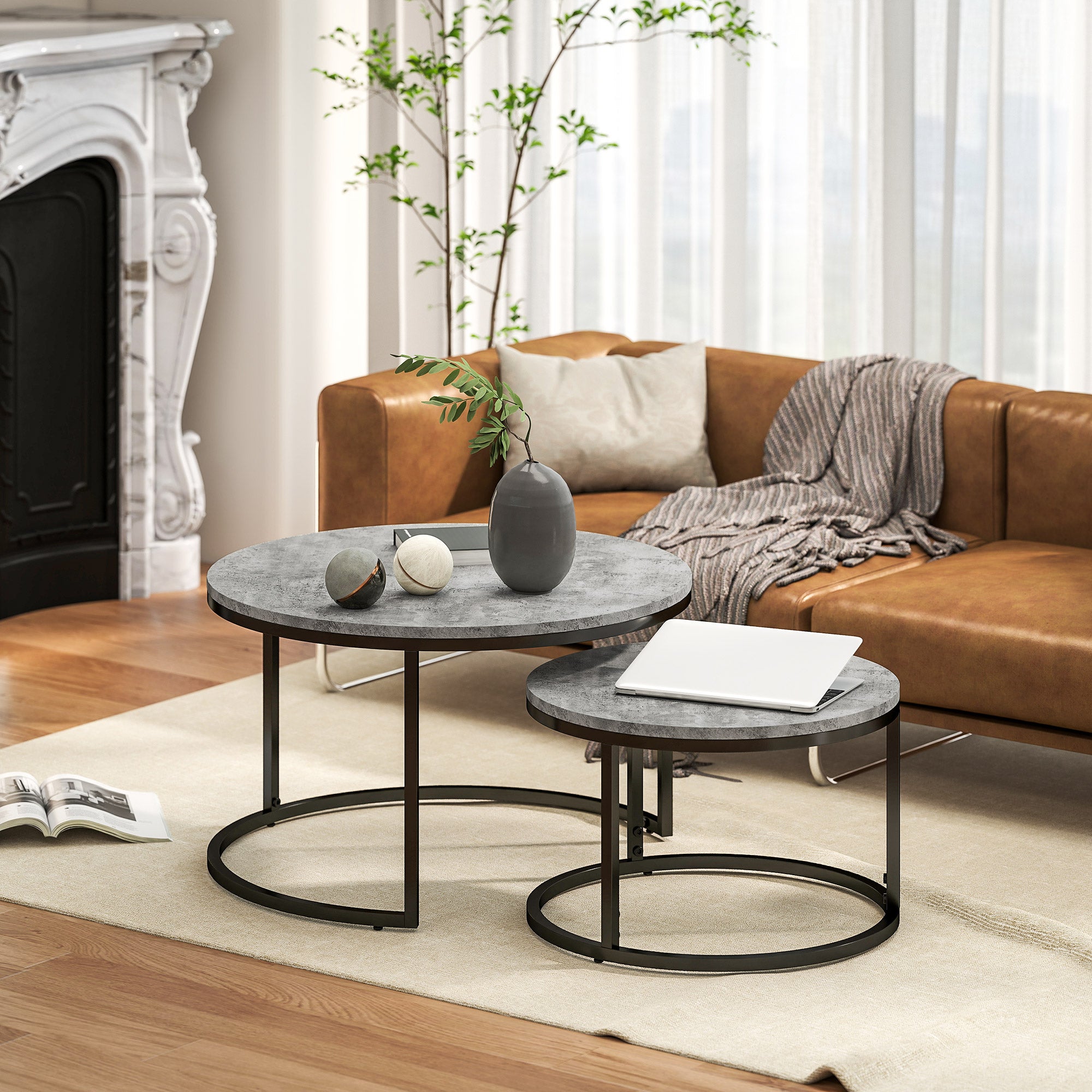 Round Coffee Table 2-Piece Set Stackable Side Table with Metal Frame, Living Room Table with Marble Look Coffee Table for Living Room Bedroom 78.5 x 78.5 x 46.5 cm Gray