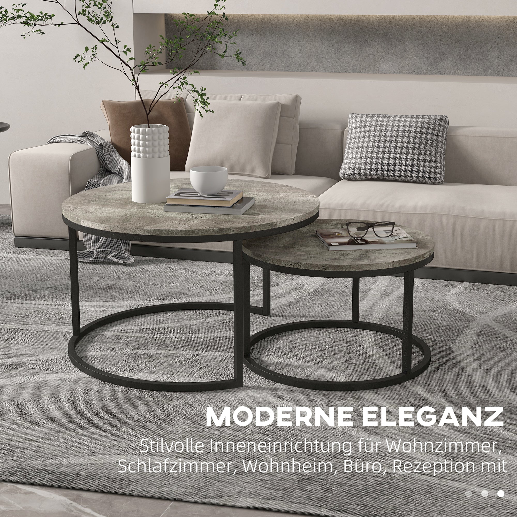 Round Coffee Table 2-Piece Set Stackable Side Table with Metal Frame, Living Room Table with Marble Look Coffee Table for Living Room Bedroom 78.5 x 78.5 x 46.5 cm Gray