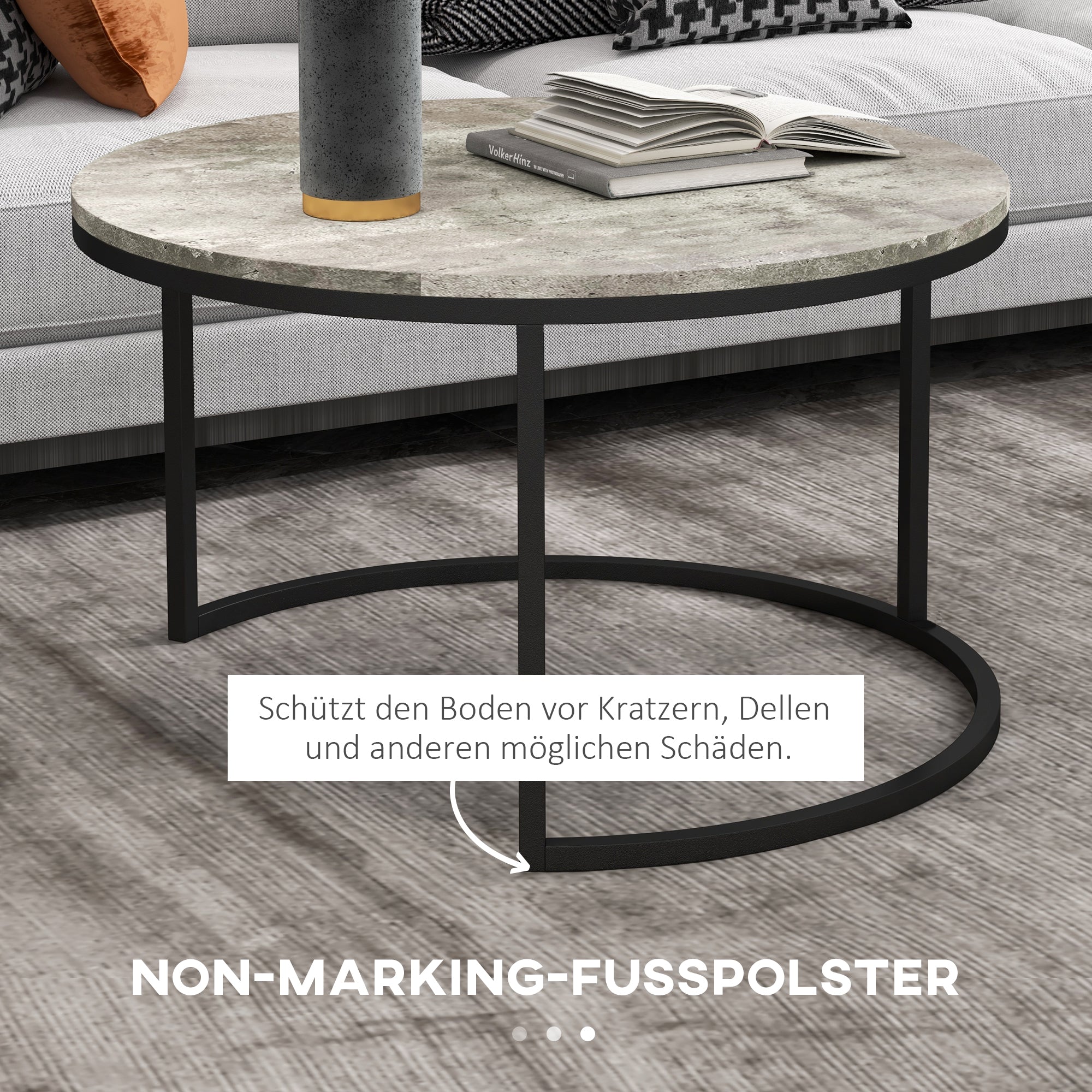 Round Coffee Table 2-Piece Set Stackable Side Table with Metal Frame, Living Room Table with Marble Look Coffee Table for Living Room Bedroom 78.5 x 78.5 x 46.5 cm Gray
