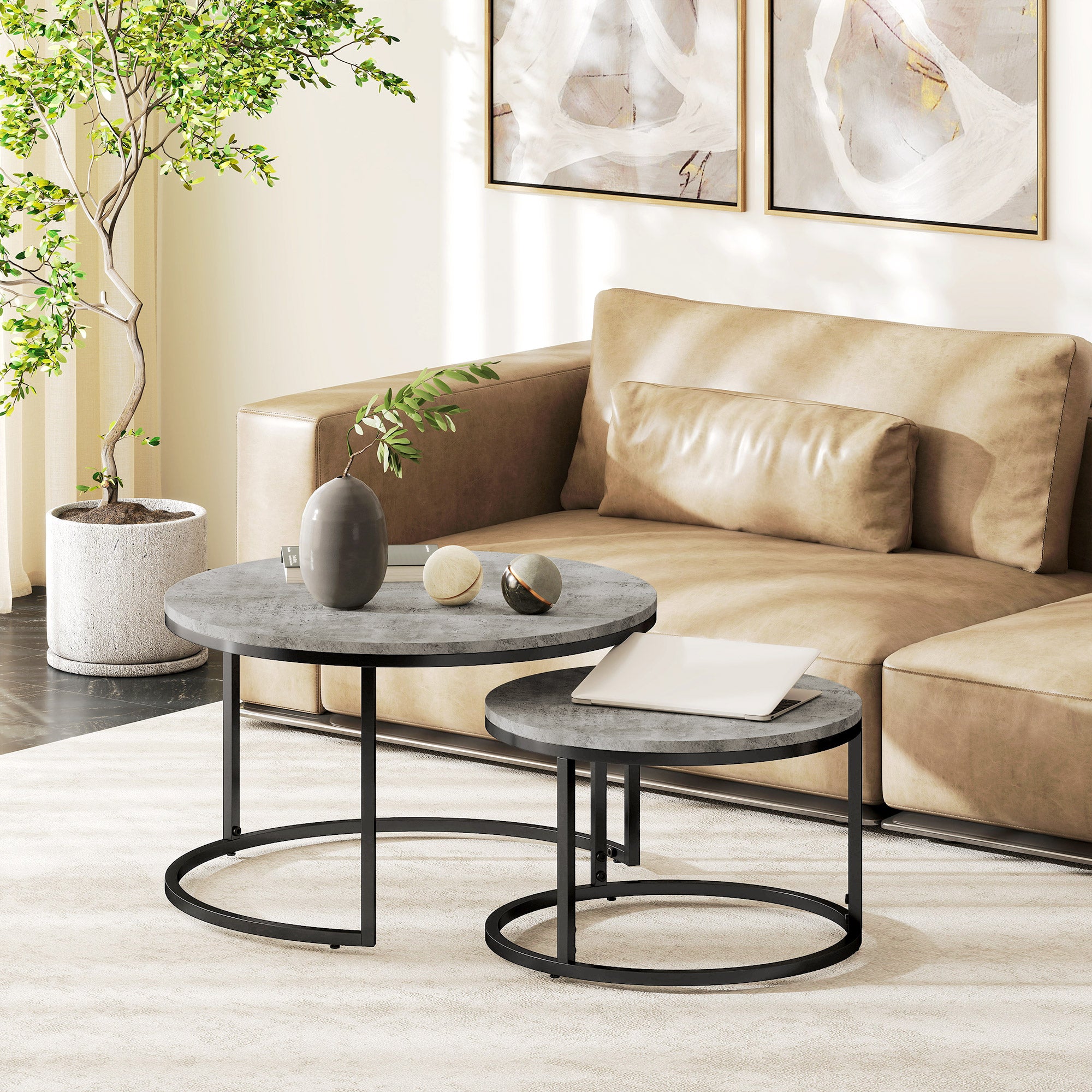 Round Coffee Table 2-Piece Set Stackable Side Table with Metal Frame, Living Room Table with Marble Look Coffee Table for Living Room Bedroom 78.5 x 78.5 x 46.5 cm Gray