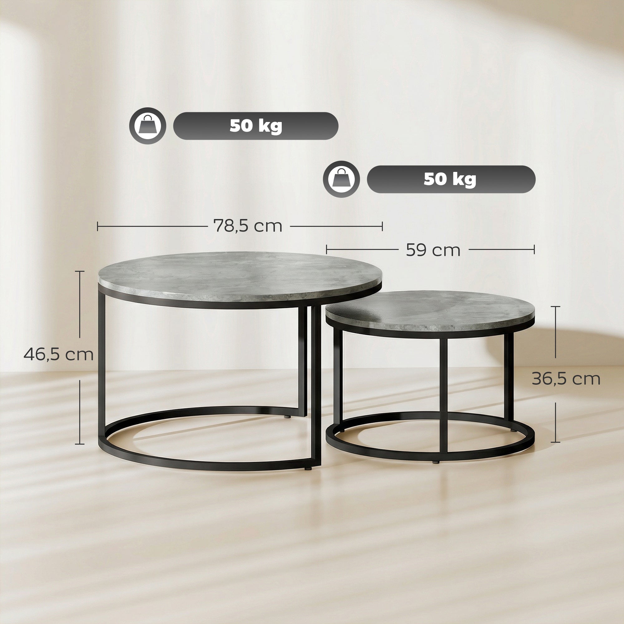 2-Piece Round Nesting Coffee Table Set, Cement-Look Top with Metal Frame — 30.9 x 30.9 x 18.3 in (78.5 x 78.5 x 46.5 cm), Gray
