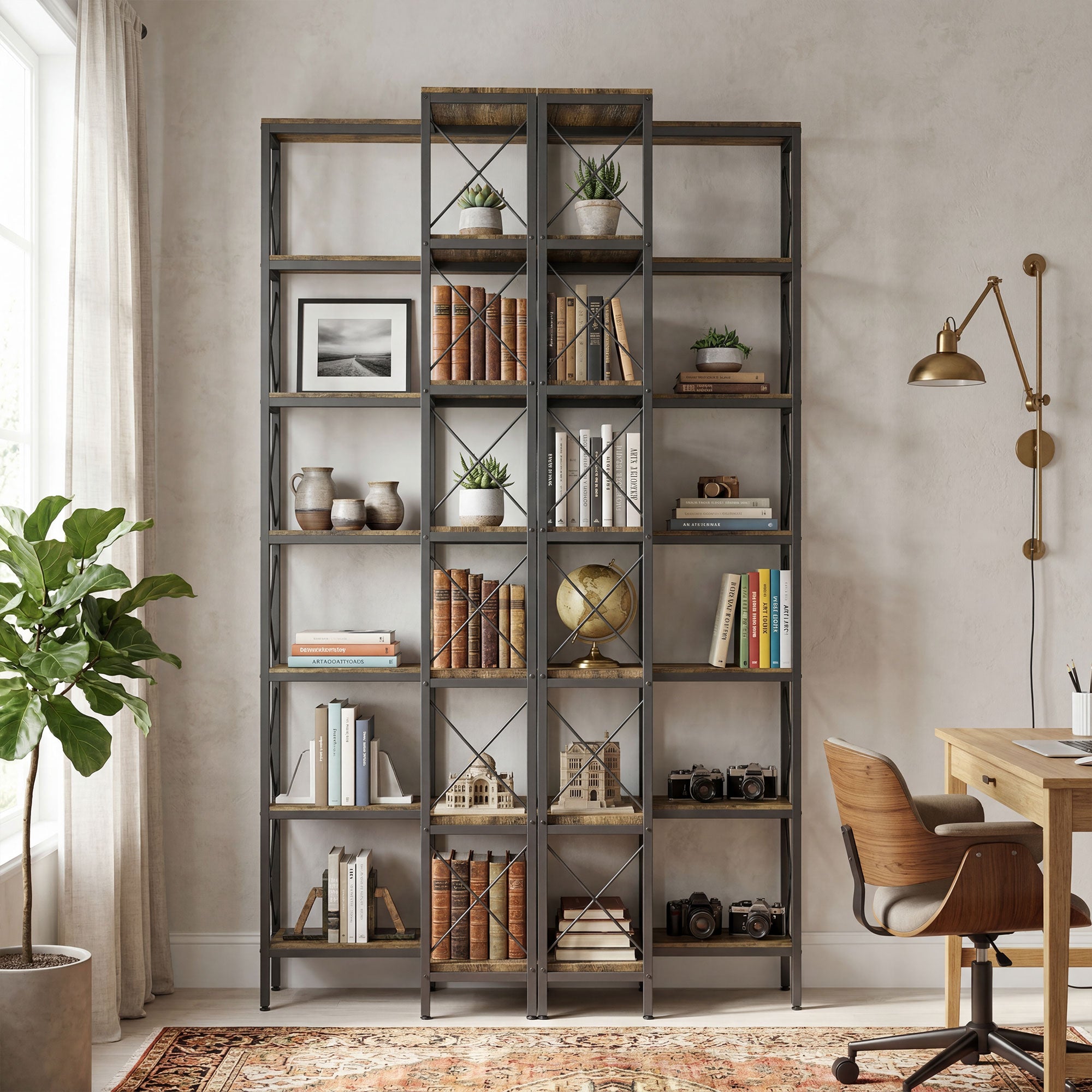 6-Tier L-Shaped Corner Bookshelf, Freestanding Metal Frame for Living Room, Office, Bedroom, 60 x 60 x 200 cm (23.6 x 23.6 x 78.7 in), Rustic Brown
