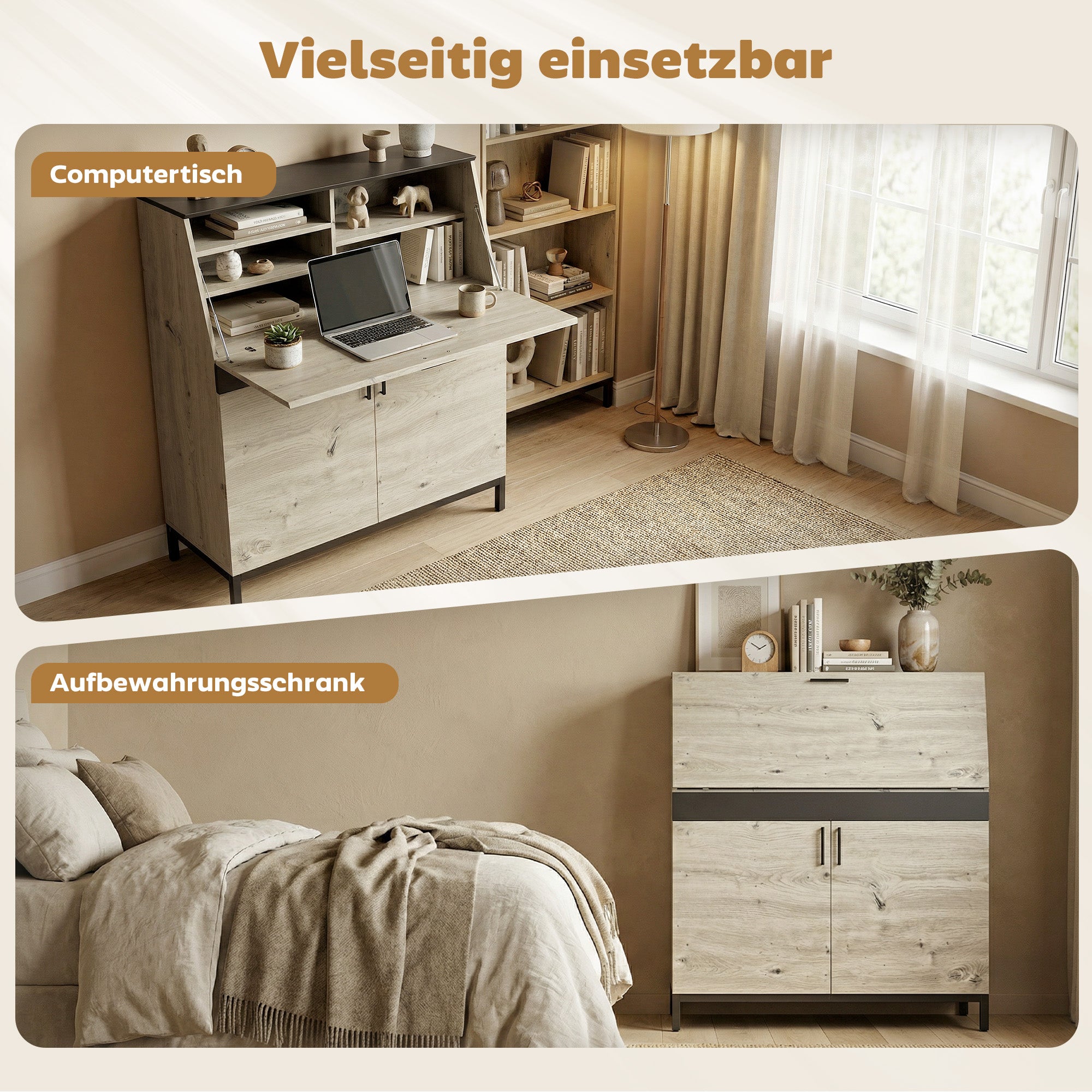 Secretary Desk 100 cm (39.4") — Modern Industrial Computer Desk with Shelves & Cabinet, Office or Bedroom, Natural Wood & Black