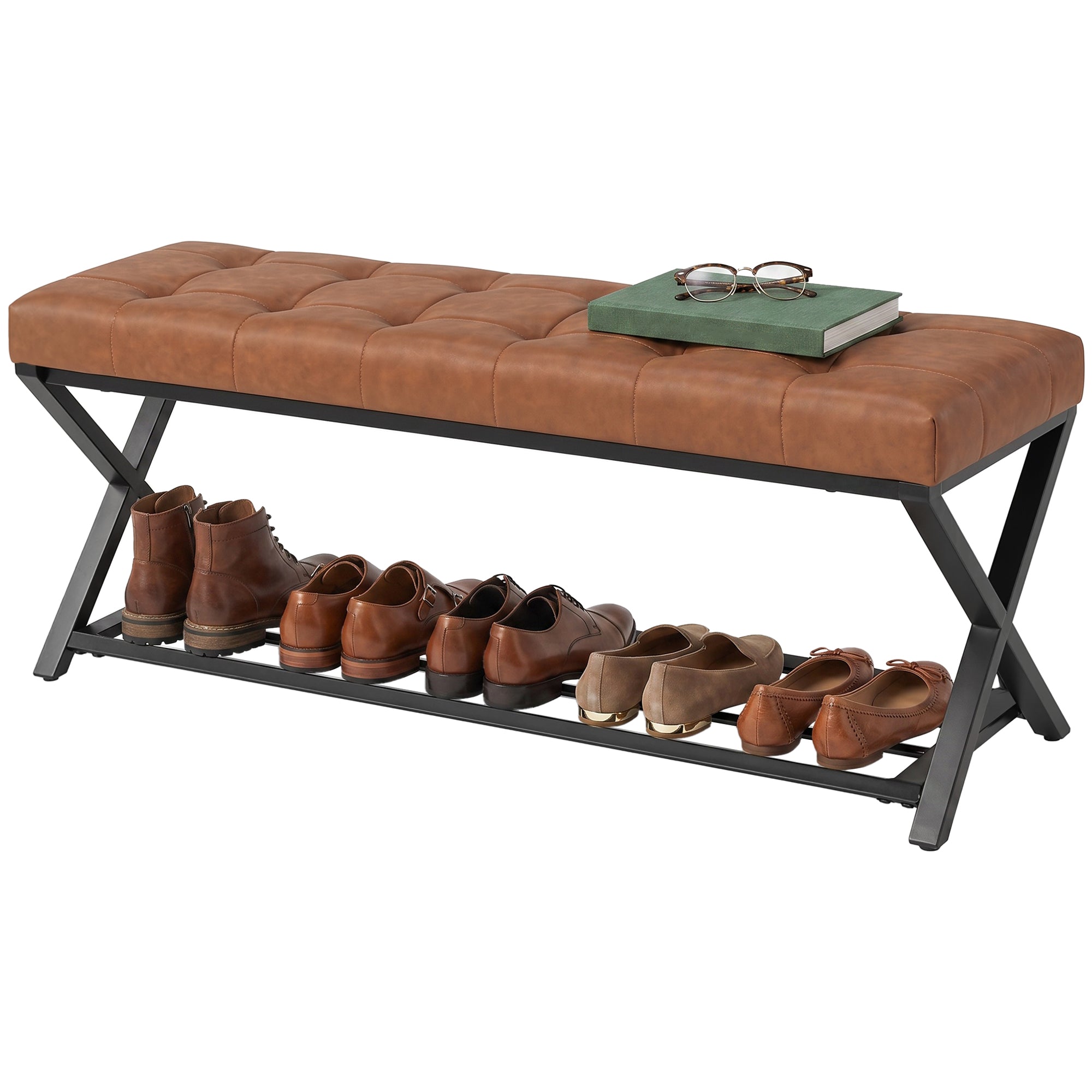 Shoe Bench with Padded Seat, Storage Shoe Rack, Industrial X-Frame Steel Bench, PU Leather, Up to 485 lb, 44.1 x 14.6 x 18.5 in (112 x 37 x 47 cm), Brown