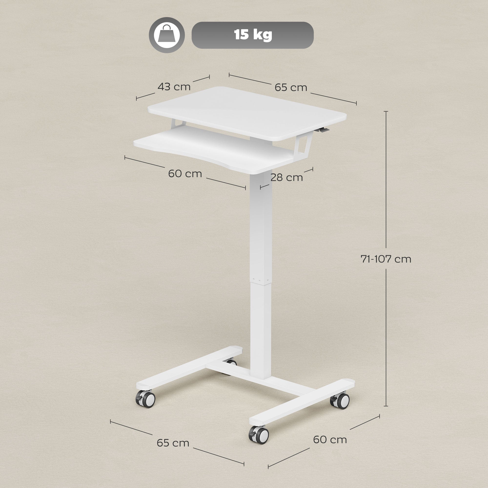 Height-Adjustable Rolling Standing Desk 28–42 in with Keyboard Tray, Steel Frame — Compact White