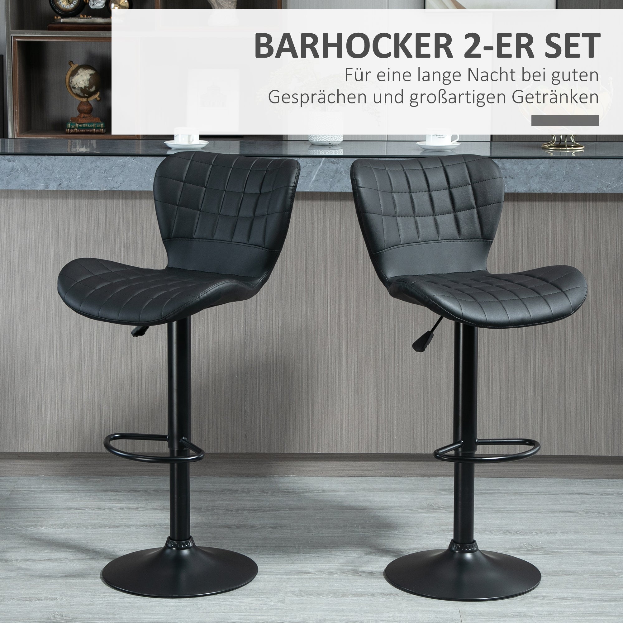 Bar Stool Set of 2, Upholstered Bar Chair with Metal Frame, Backrest, Height Adjustable Kitchen Stools with Footrest, 360° Swivel, Counter Stool for Kitchen, Living Room, Dining Room, Faux Leather, Black