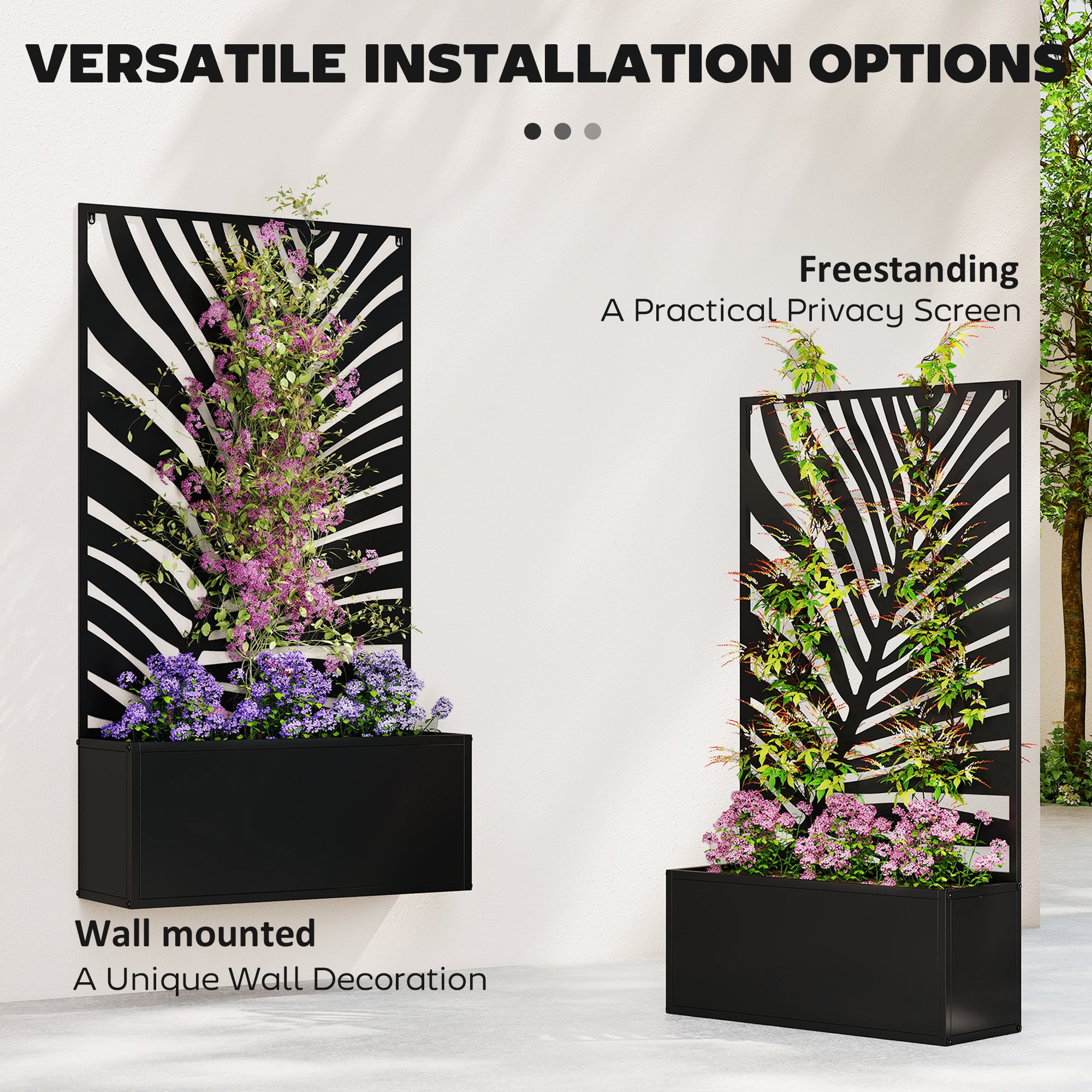 Elevated Balcony Planter with Leaf Trellis – Metal Window Box 61 x 23 x 113 cm (Black)