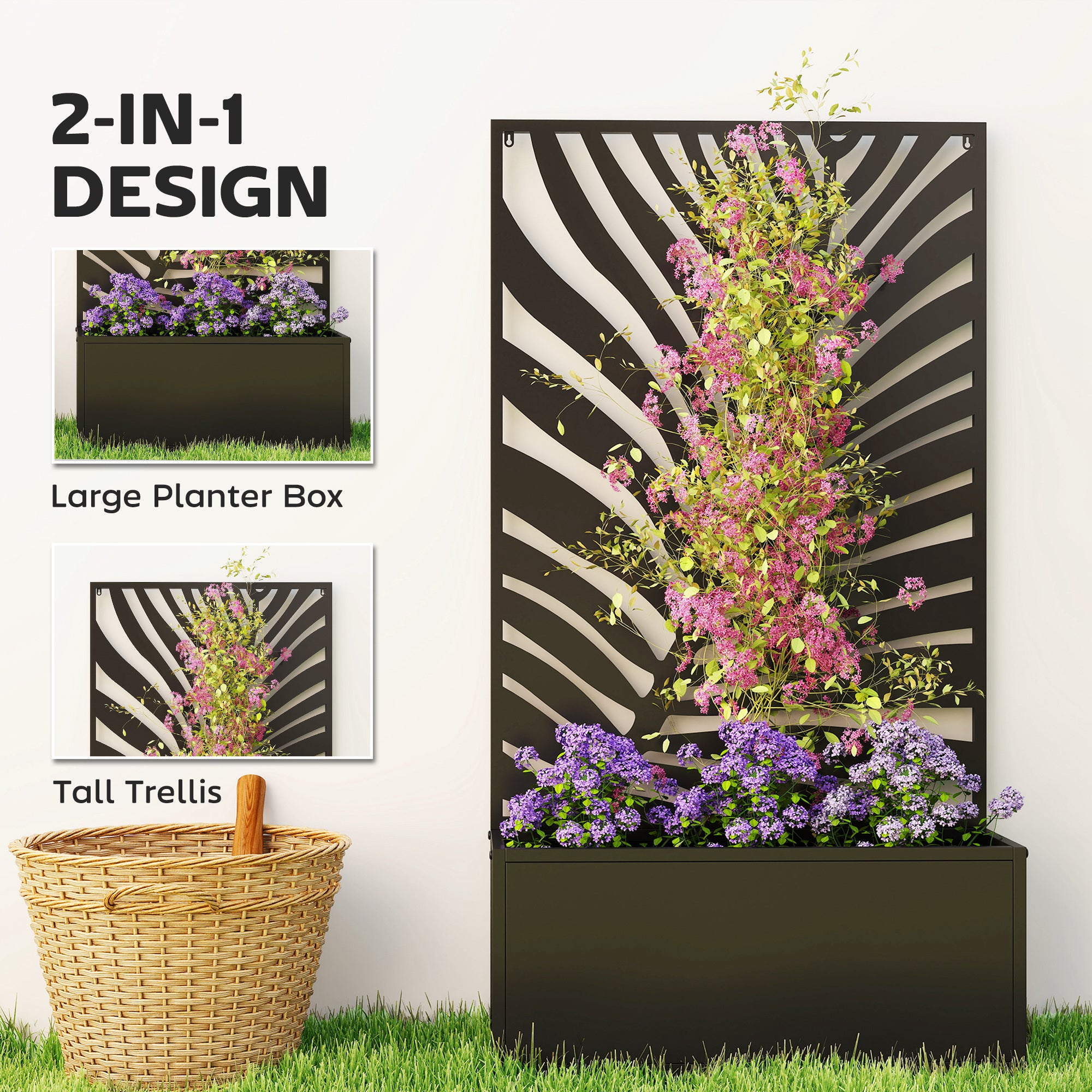 Elevated Balcony Planter with Leaf Trellis – Metal Window Box 61 x 23 x 113 cm (Black)