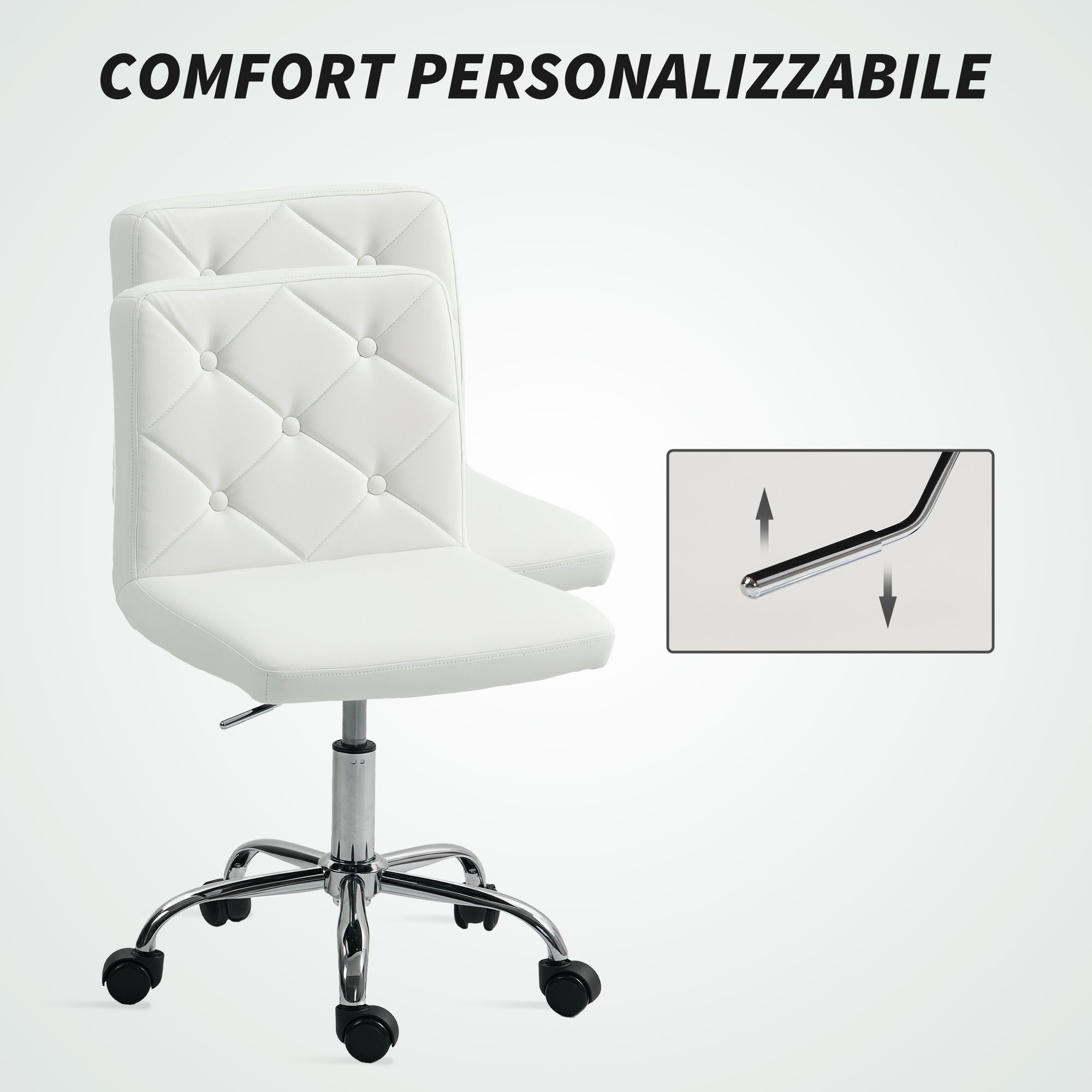 Adjustable Office Chair with Button Tufted Upholstery and Swivel Wheels, PU Leather, Foam and Steel, 44x50x78-88 cm, White