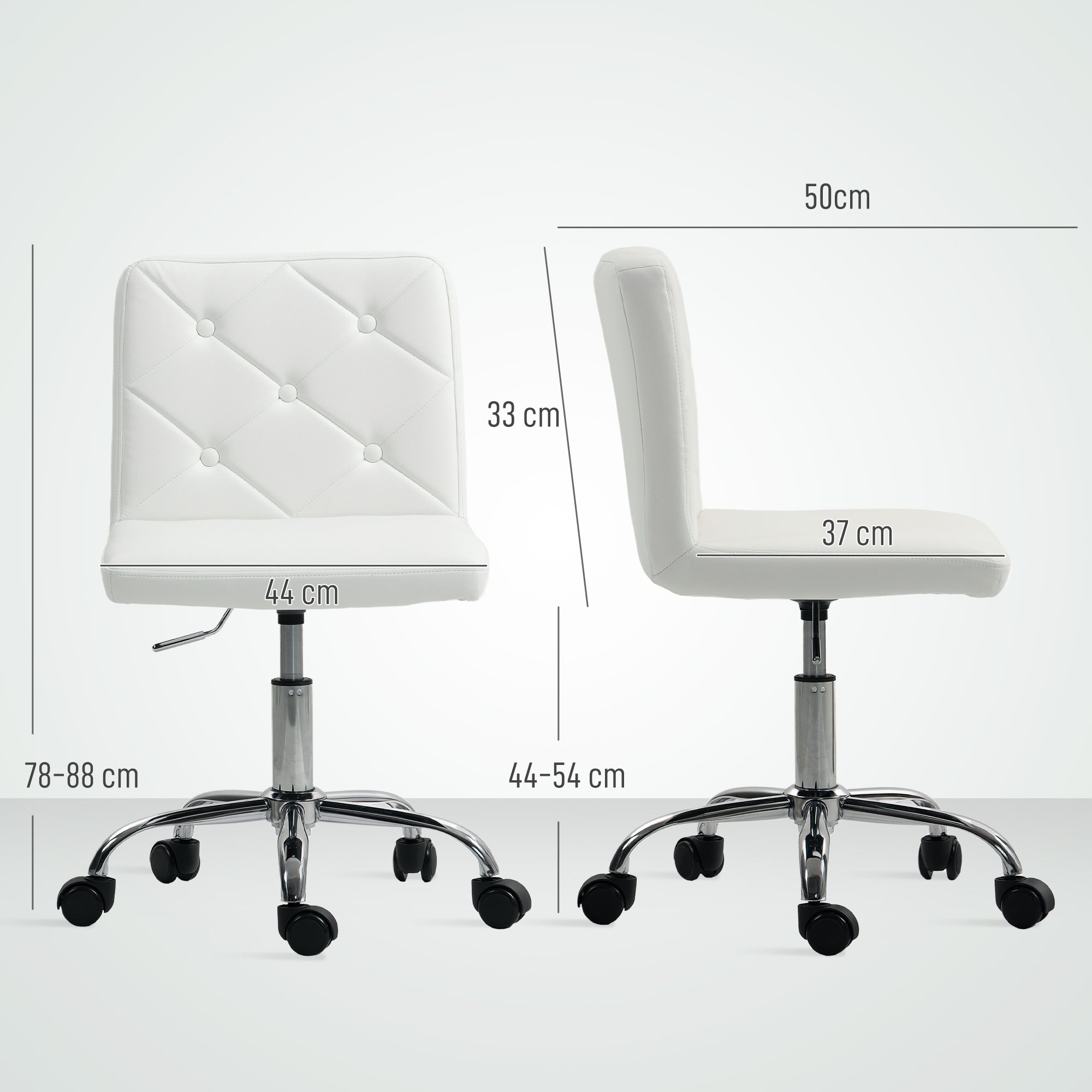 Adjustable Office Chair with Button Tufted Upholstery and Swivel Wheels, PU Leather, Foam and Steel, 44x50x78-88 cm, White