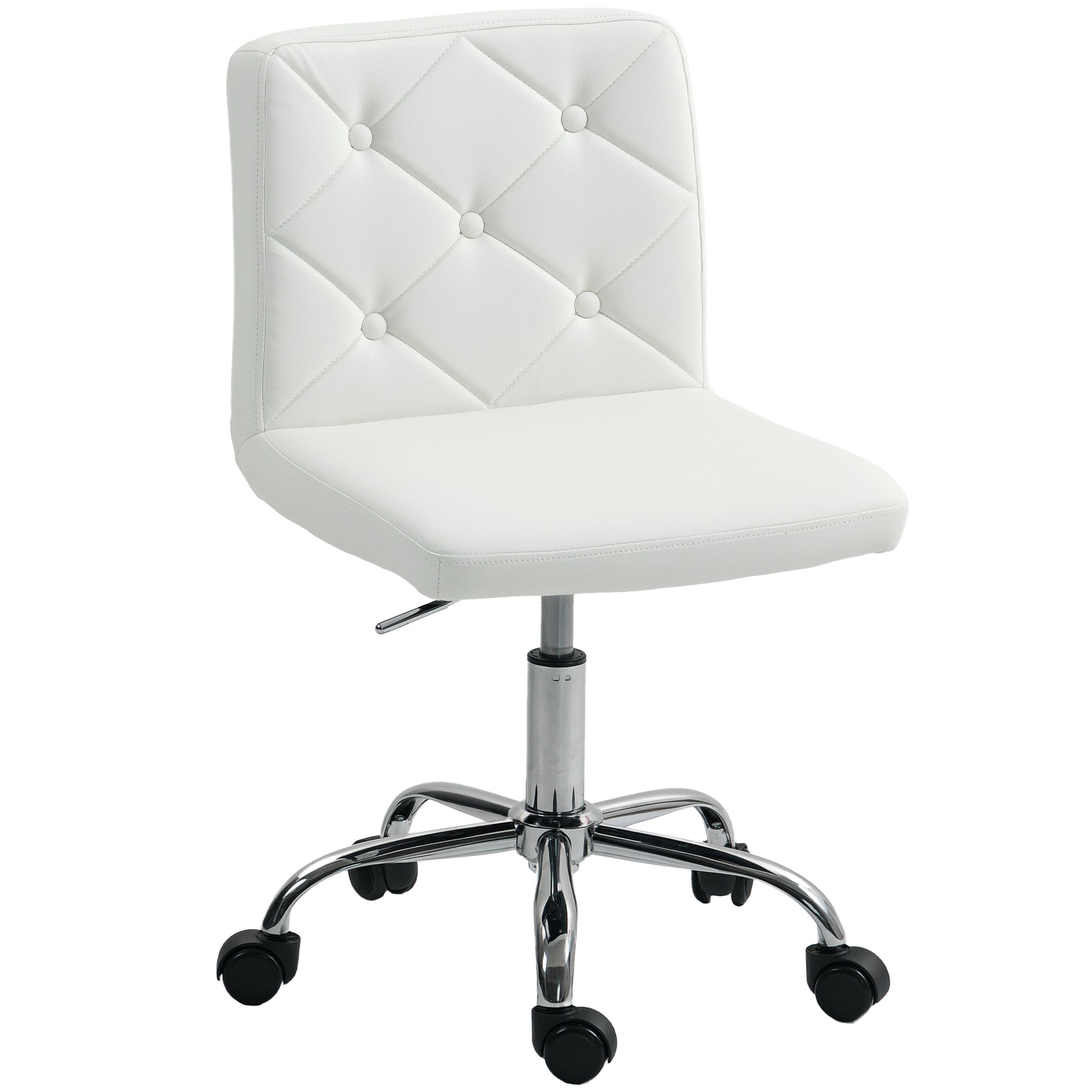 Adjustable Office Chair with Button Tufted Upholstery and Swivel Wheels, PU Leather, Foam and Steel, 44x50x78-88 cm, White