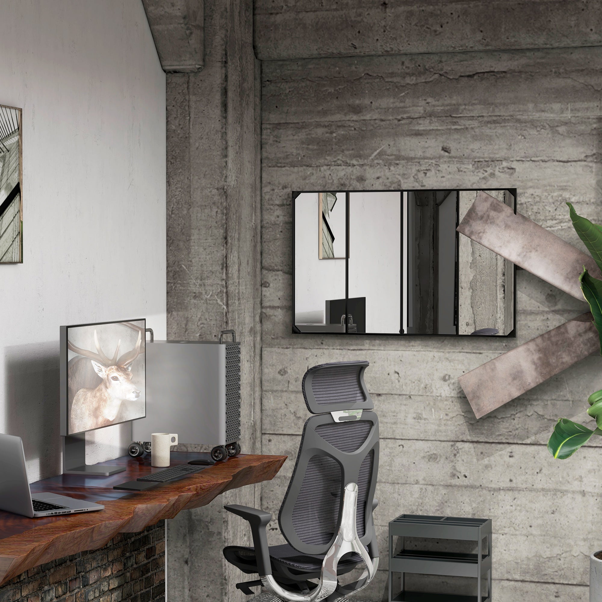 Rectangular Industrial-style Grid Wall Mirror, Horizontal or Vertical with 4 Hooks, Black Metal - 109 x 69 cm