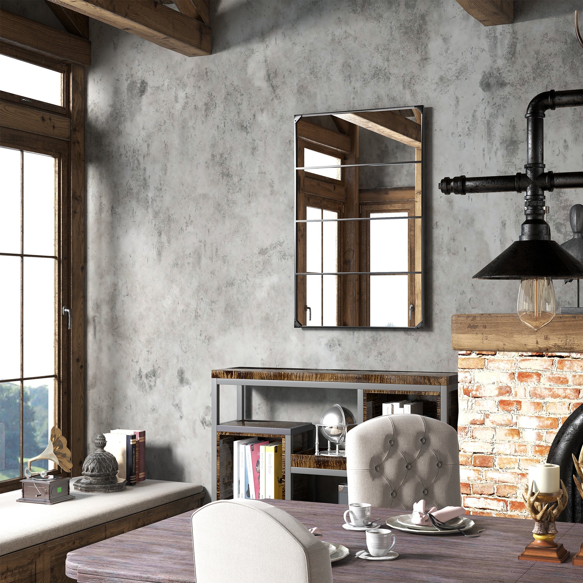 Rectangular Industrial-style Grid Wall Mirror, Horizontal or Vertical with 4 Hooks, Black Metal - 109 x 69 cm