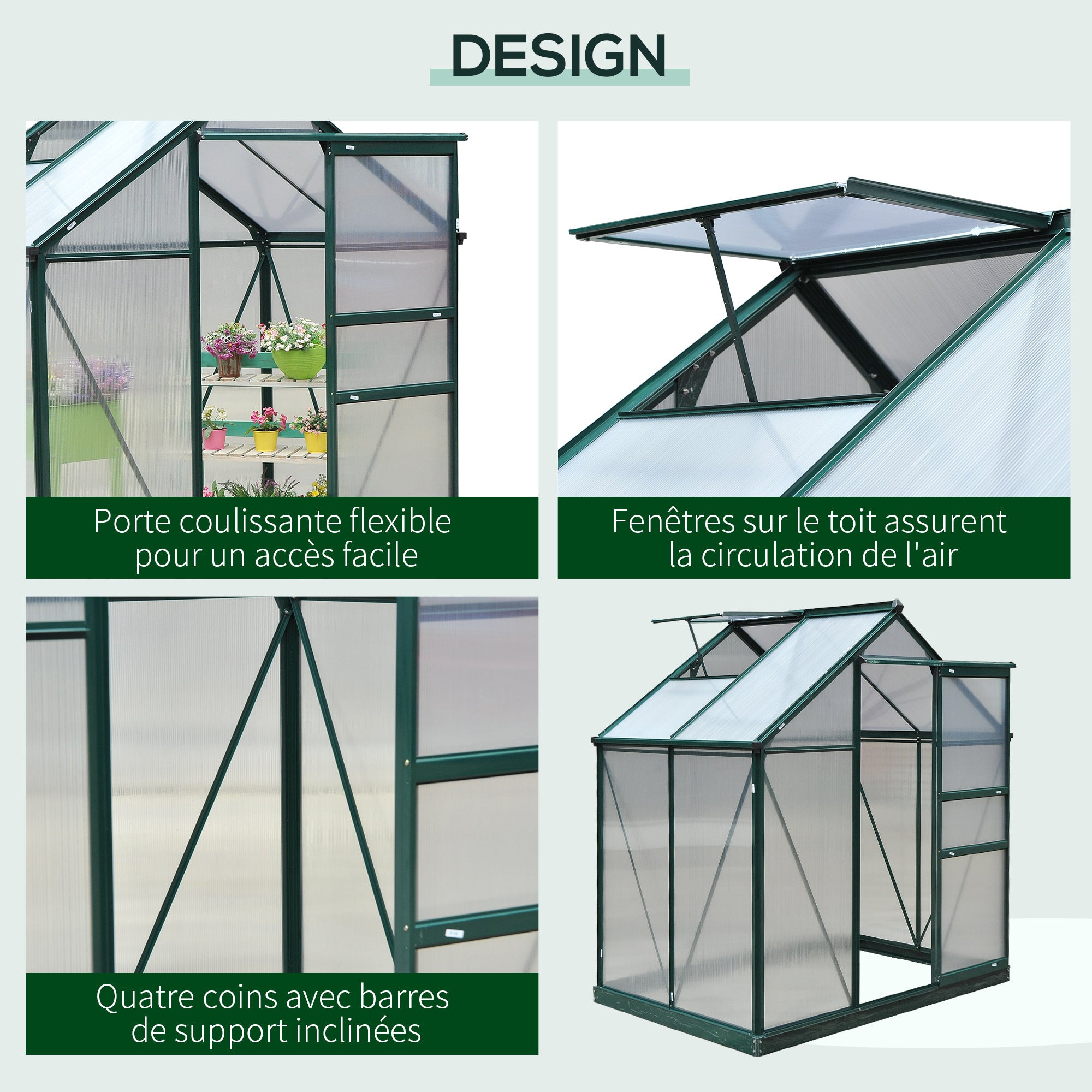 Polycarbonate Garden Greenhouse 2.51m² Aluminum Greenhouse for Garden 190 x 132 x 201 cm UV-Resistant, with Reinforced Foundation, Gutter, Skylight, and Sliding Door, Dark Green