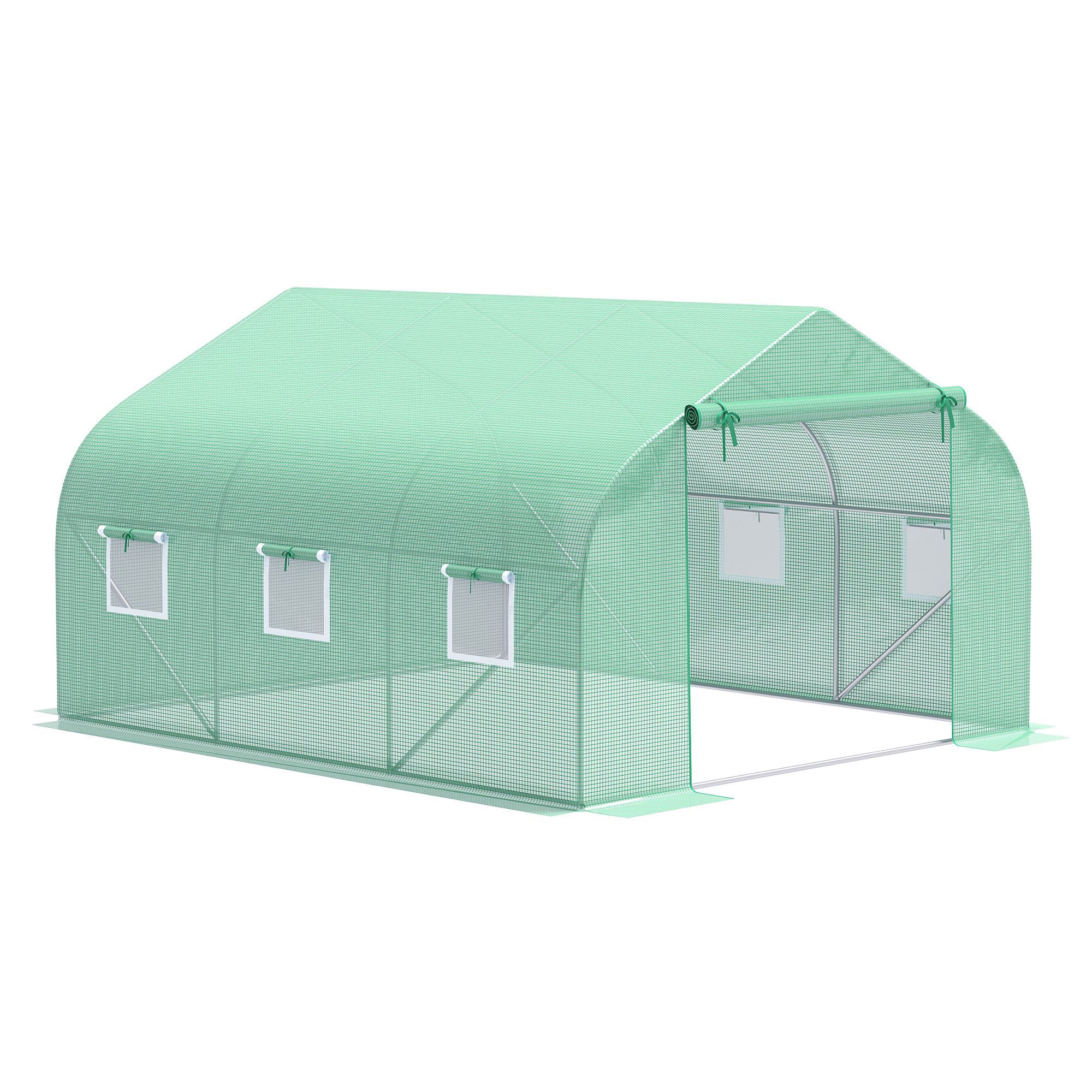 Garden Tunnel Greenhouse Ground Area 10.5 m² 3.5 x 3 x 2 m Reinforced Tubular Frame Zippered Door 6 Roll-up Windows Green